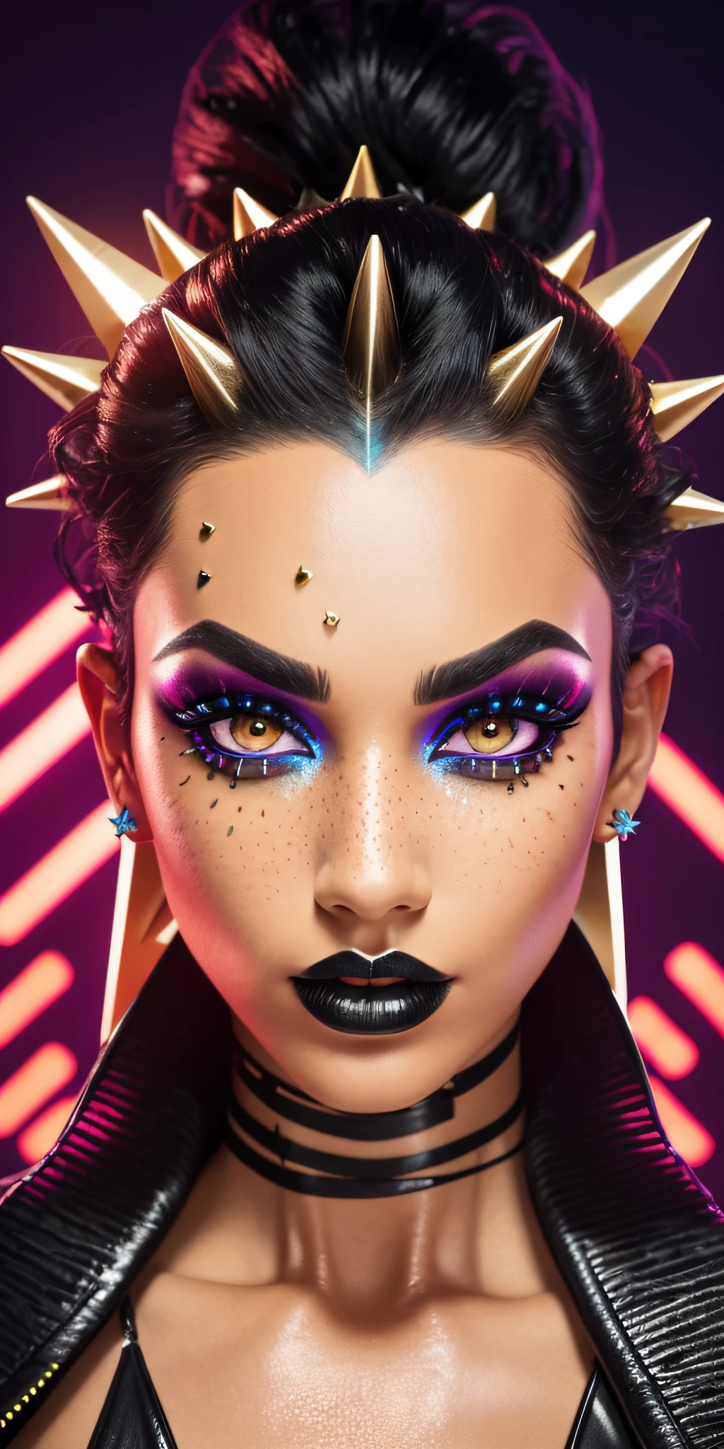 Nice close up. A spiky model with gold-studded black hair and bright orange makeup. creative makeup. Fake freckles glowing hydrated skin. Editorial fashion, high quality and high quality. Clear, true colors and a natural background