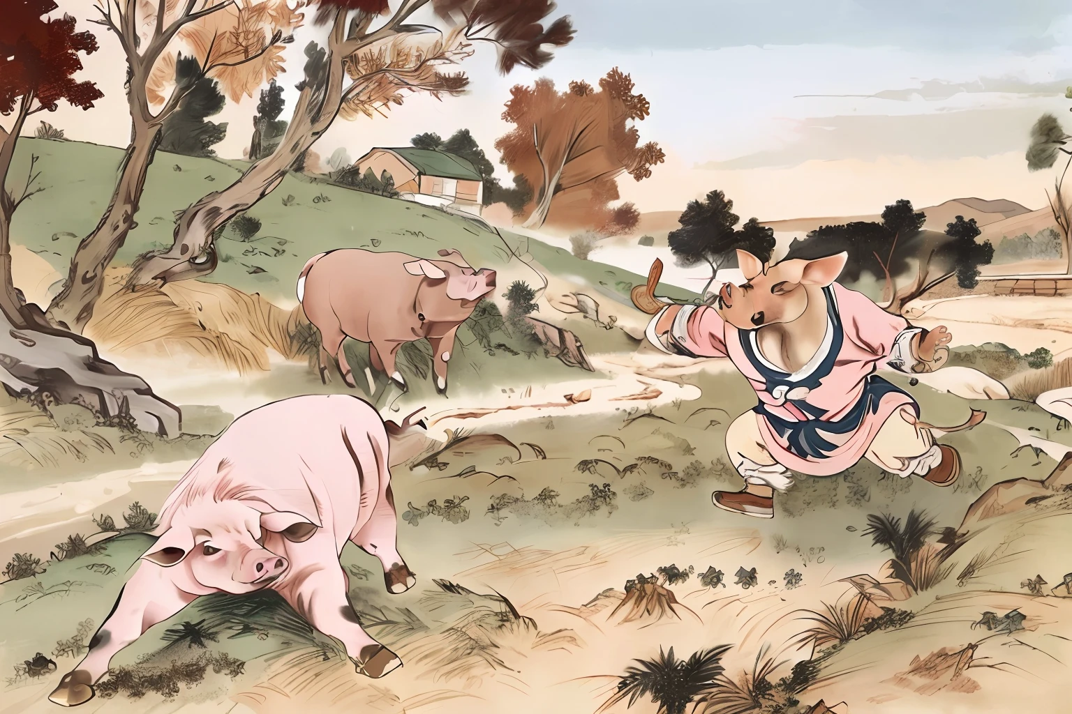 ((Best Quality)), ((Masterpiece)), (detailed), Two Pigs, Battle, Outdoor, Fighting Pose, Amy, Pig