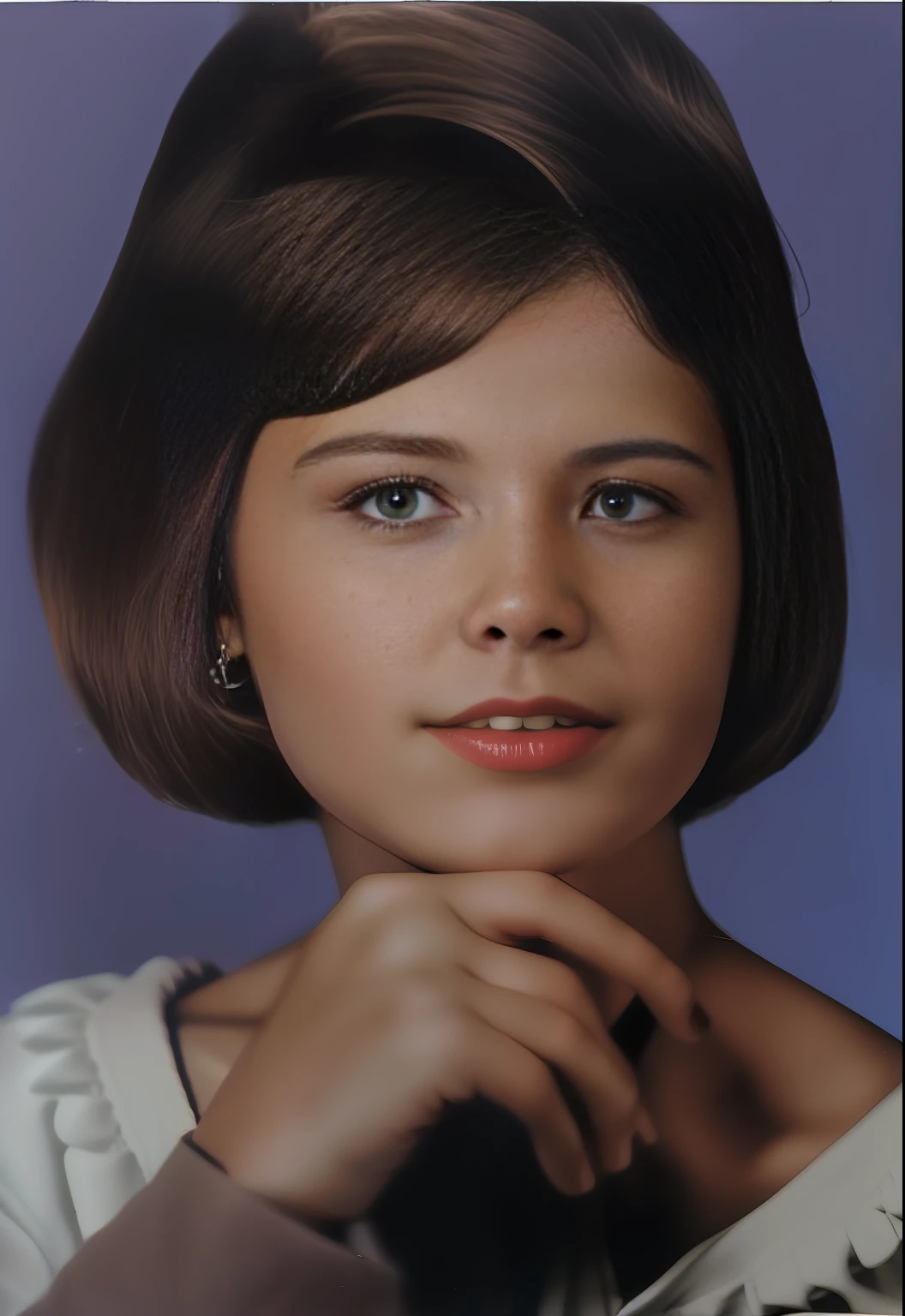 A closeup of a woman with brown hair and a white shirt, taken in early 1964, old yearbook photo, young woman photo, around 21, profile picture, woman photo, yearbook photo, Alanis Guillen, a color photo, old photo, in her early 21s, in her 21s