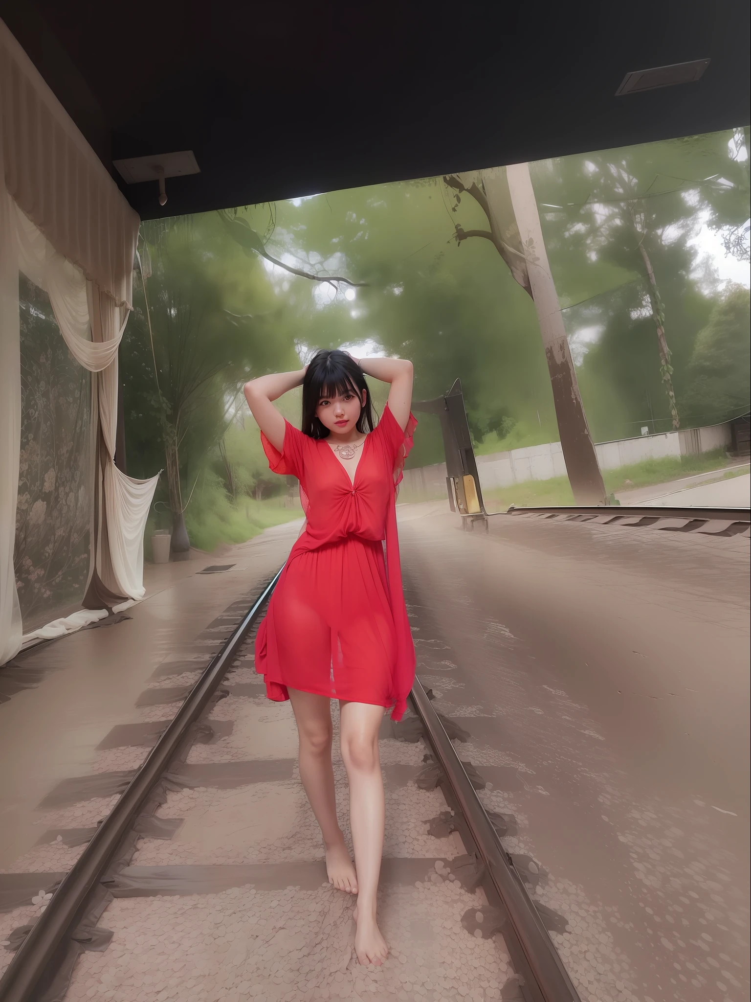 1girl, barefoot, bed, on railway, curtain grab, curtains, covered navel, covered, black hair, sheet grab, standing, smile, solo, tail, lily_\(flower\), looking a viewer, (flat chest:1.2), see-through, solo, beautiful and delicate detailed girl, illustration, unity 8k wallpaper, masterpiece, best quality, (upper body:1.6),