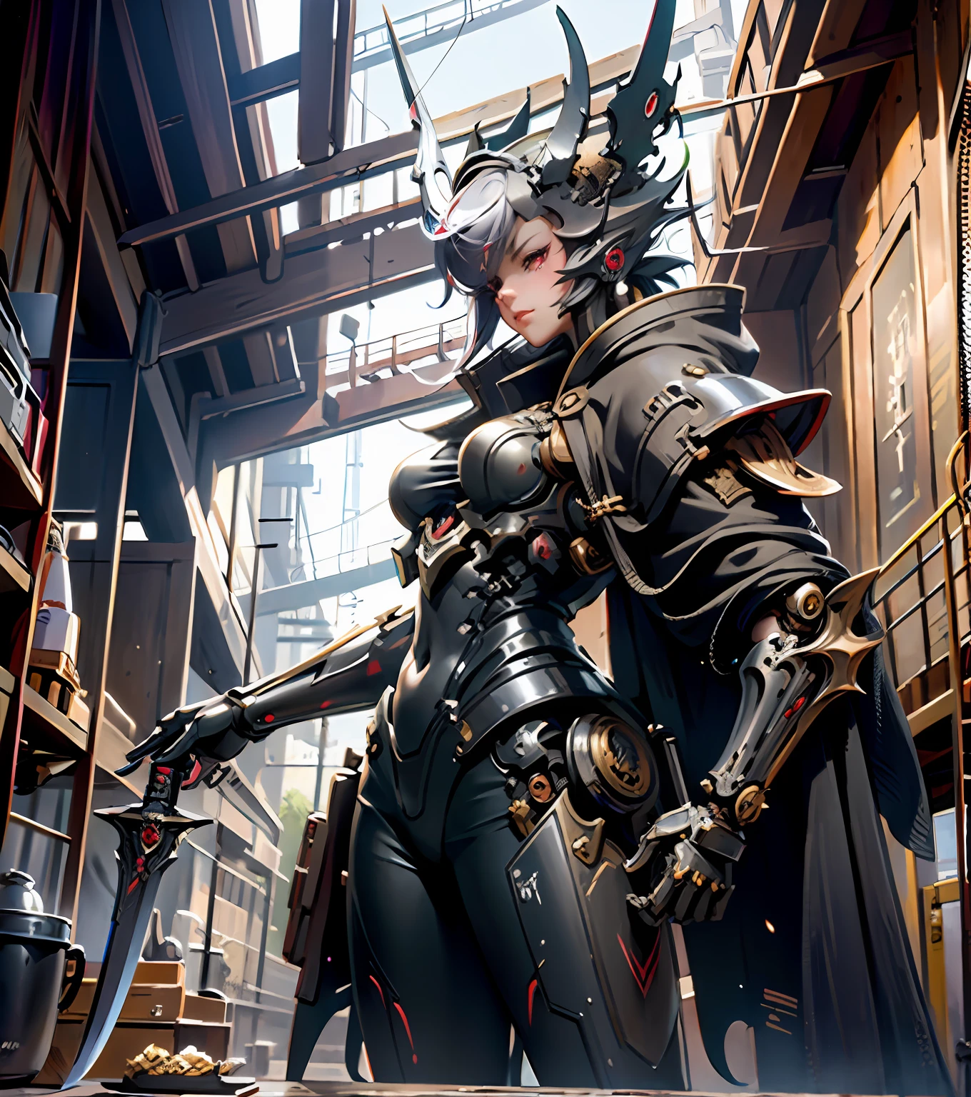 (((masterpiece))), ((best quality)), ((ultra-detailed)), (CG illustration), (extremely treacherous and beautiful)), (cute desktop face), cinematic light, ((1 mechanical girl)), girl in the mask of Oni the demon, holding a sword, cyber style (machine joints)((combat)) (character focus), science fiction