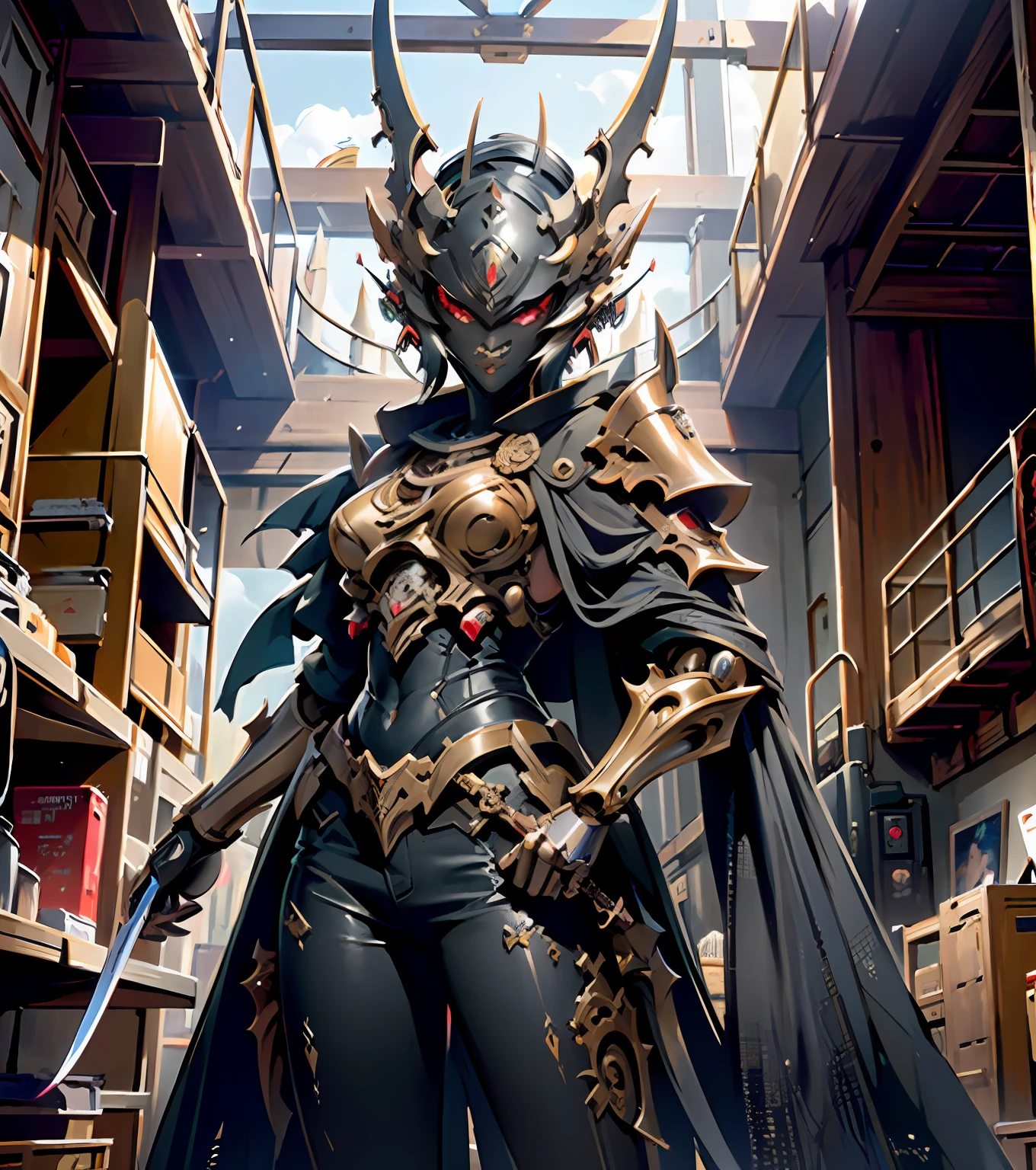 (((masterpiece))), ((best quality)), ((ultra-detailed)), (CG illustration), (extremely treacherous and beautiful)), (cute desktop face), cinematic light, ((1 mechanical girl)), girl in the mask of Oni the demon, holding a sword, cyber style (machine joints)((combat)) (character focus), science fiction