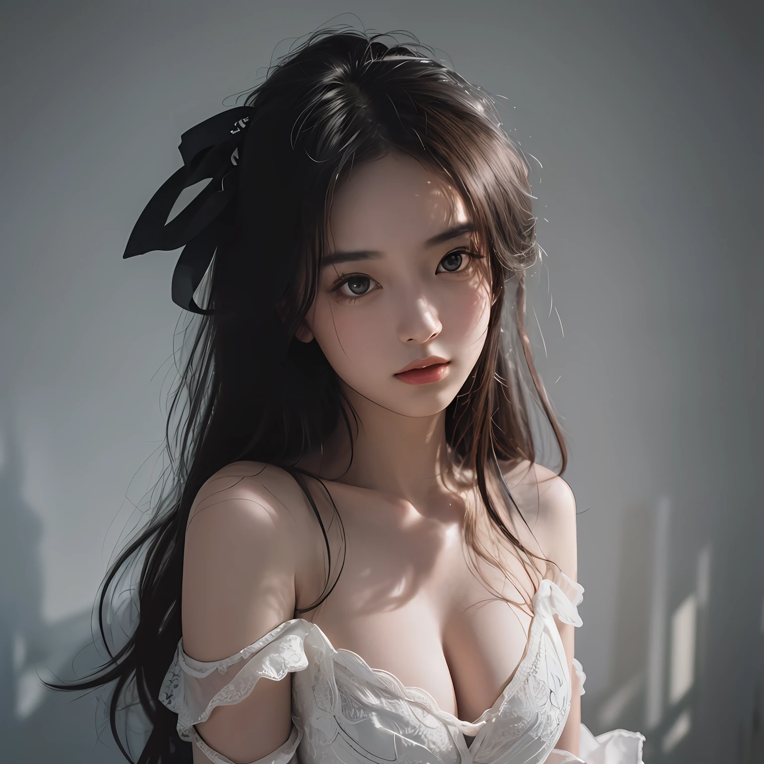 Best quality, masterpiece, ultra high res, (photorealistic:1.4), raw photo, 1girl, offshoulder, in the dark, deep shadow, low key, cold light --auto --s2