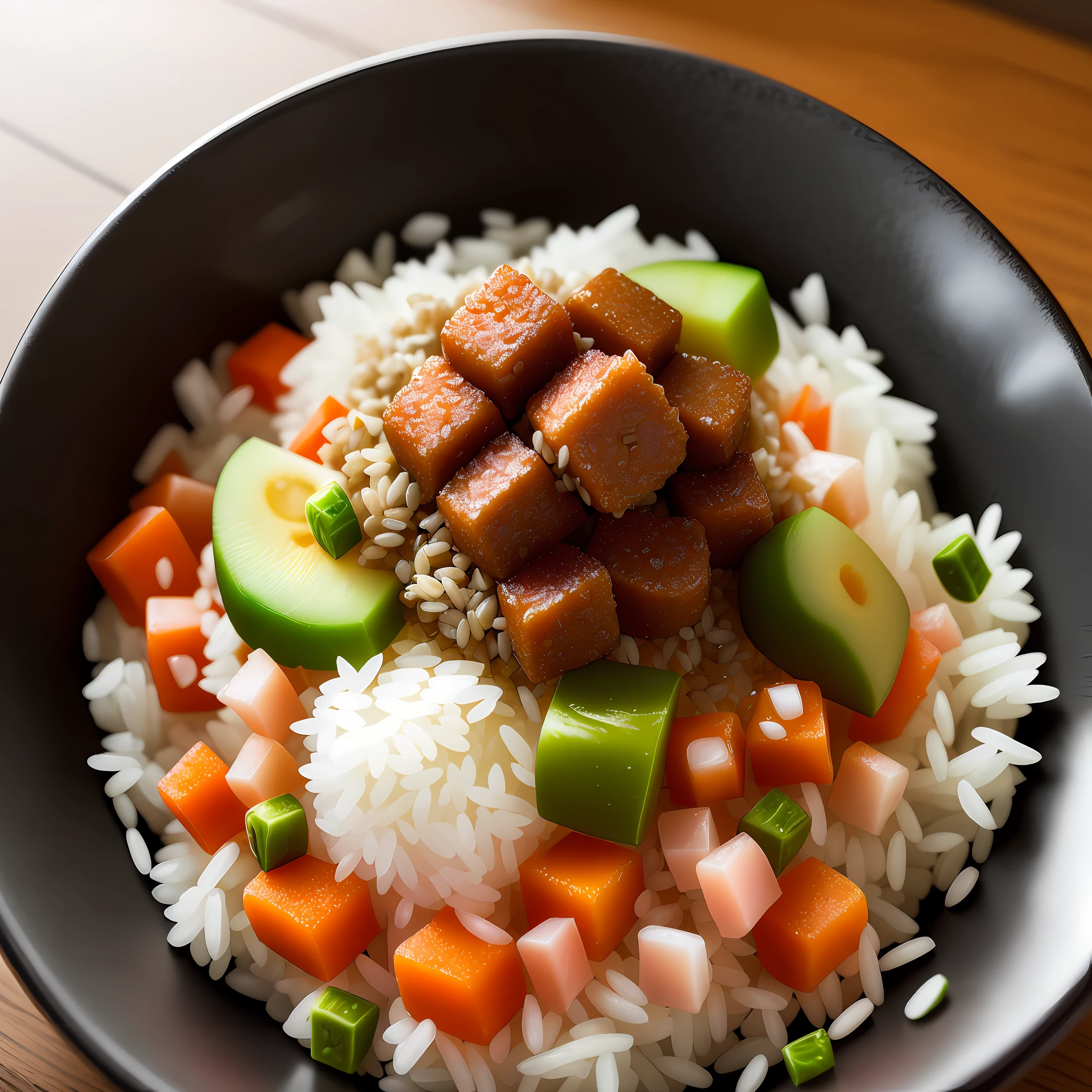 Photography, high quality, high resolution, dog eating, stainless rice bowl, minced pod, minced meat, radish cut into small cubes, grains, rice, carrot in small cubes, intricate