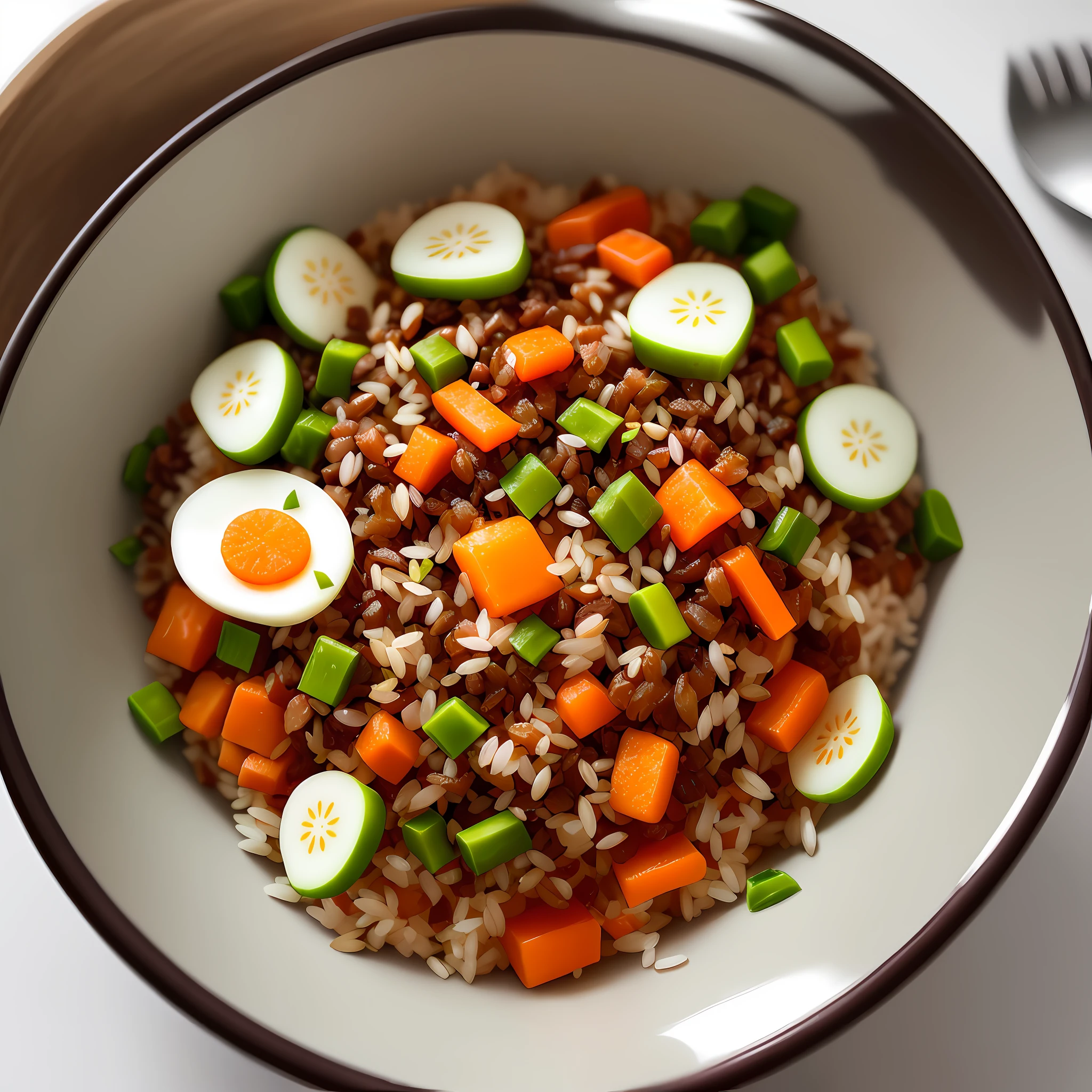 Photography, high quality, high resolution, dog eating, stainless rice bowl, minced pod, minced meat, radish cut into small cubes, grains, rice, carrot in small cubes, intricate