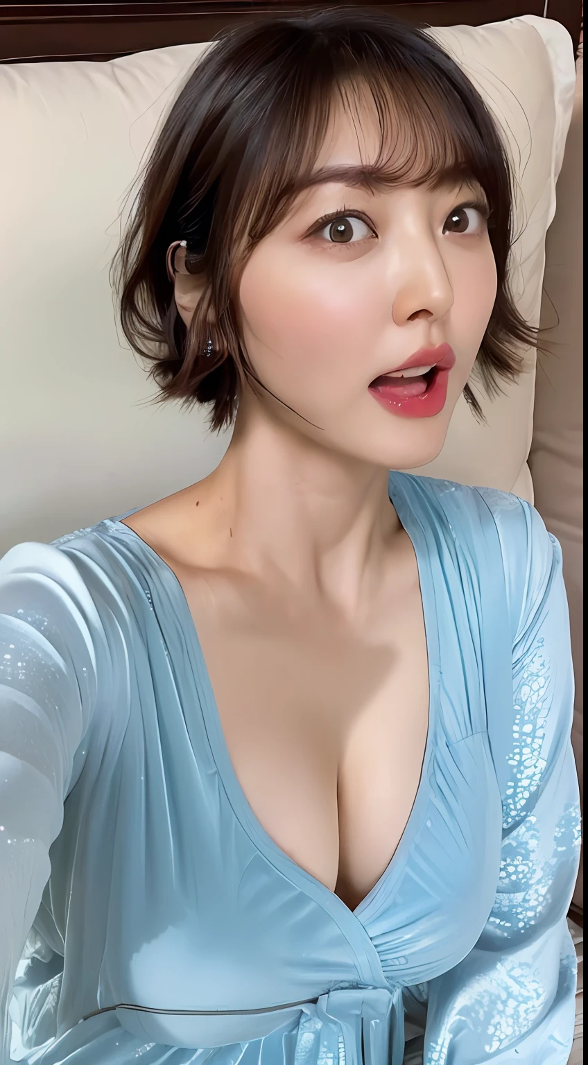 (Best Quality, 8k, 32k, Masterpiece, UHD:1.3), Photo of Attractive Japanese Woman, 1 Girl, (Big Boobs:1.2), (short wavy hair), Abs, Perfect Body, Ultra Detailed Face, Detailed Lips, Fine Eyes, double eyelids, pajamas, on the bed, (seductive), ((aroused:1.5))
