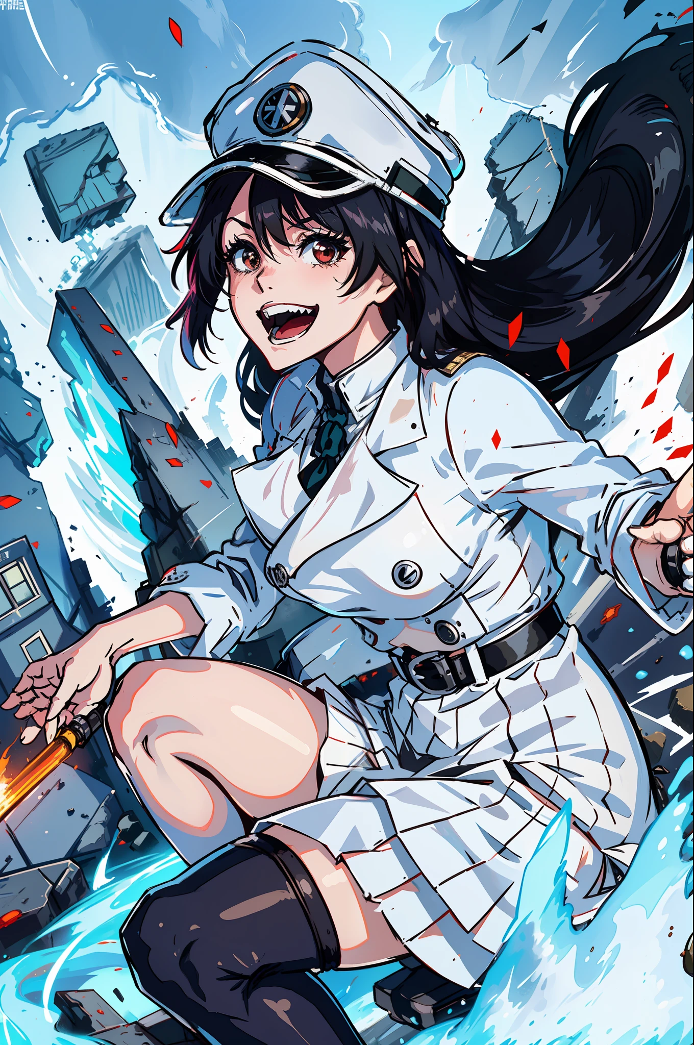 Masterpiece, top quality, ruined city in the background, ruined Edo cityscape, white Nazi SS Militari, 4K manga wallpaper, BLEACH, Exterminator, Shalltear Bloodfallen, badass anime 8 K, gapmoe yandere, yandere, albedo of anime overlord, creepy smile, crazy laugh, fished up laughter at the corners of the mouth, long black hair, white miniskirt, white long-sleeved military uniform, Holding nothing in hand, white pleated skirt, belt, heart buckle, heart-shaped buckle, light effect, countless photospheres, countless floating glowing balls, soul world, Bambietta Bustervine