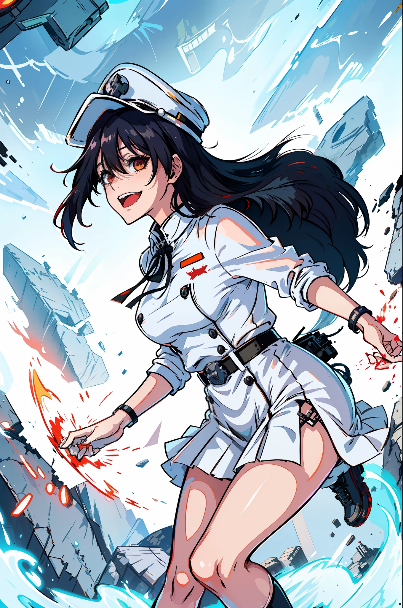 Masterpiece, top quality, ruined city in the background, ruined Edo cityscape, white Nazi SS Militari, 4K manga wallpaper, BLEACH, Exterminator, Shalltear Bloodfallen, badass anime 8 K, gapmoe yandere, yandere, albedo of anime overlord, creepy smile, crazy laugh, fished up laughter at the corners of the mouth, long black hair, white miniskirt, white long-sleeved military uniform, Holding nothing in hand, white pleated skirt, belt, heart buckle, heart-shaped buckle, light effect, countless photospheres, countless floating glowing balls, soul world, Bambietta Bustervine