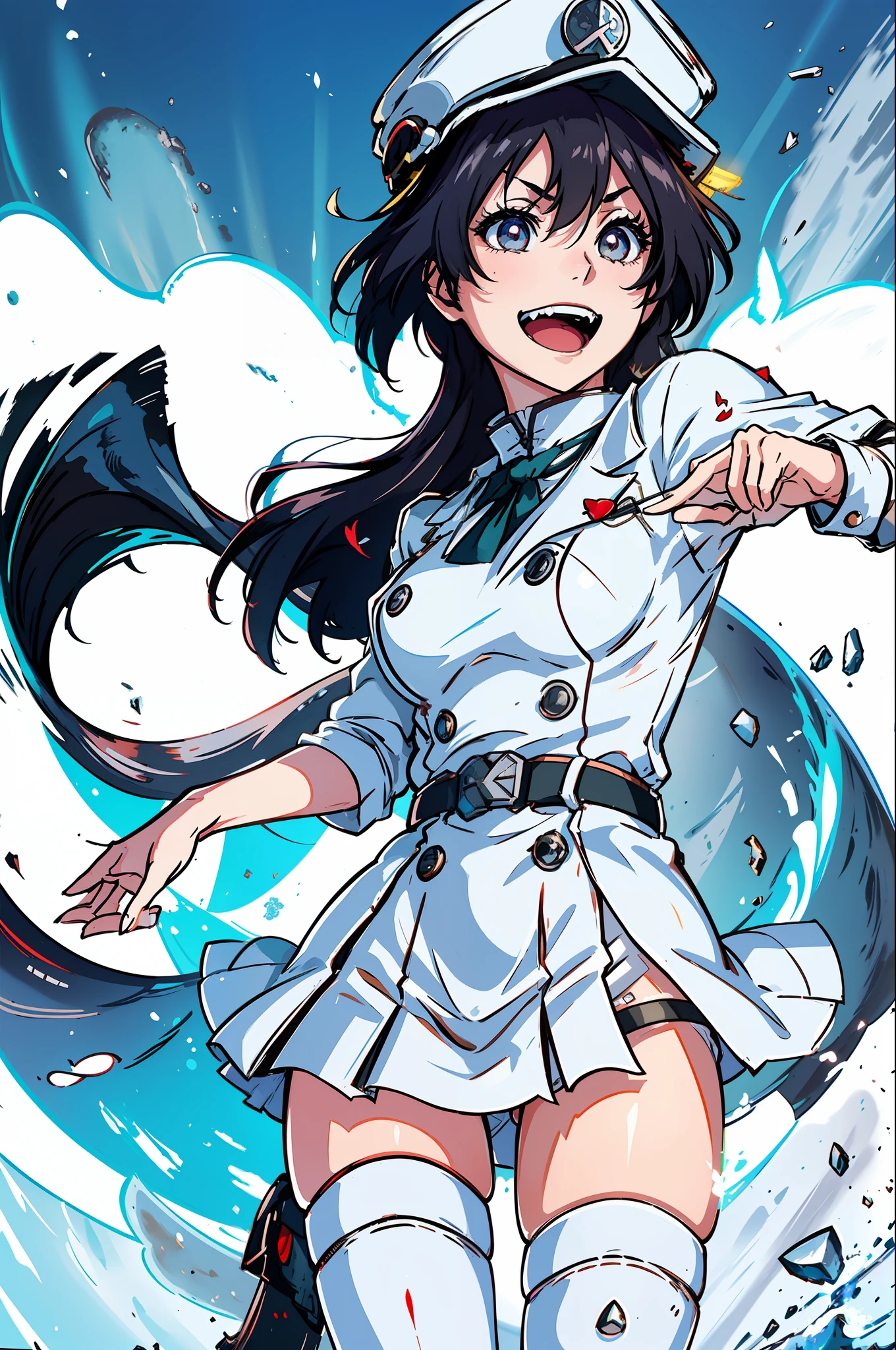 Masterpiece, top quality, ruined city in the background, ruined Edo cityscape, white Nazi SS Militari, 4K manga wallpaper, BLEACH, Exterminator, Shalltear Bloodfallen, badass anime 8 K, gapmoe yandere, yandere, albedo of anime overlord, creepy smile, crazy laugh, fished up laughter at the corners of the mouth, long black hair, white miniskirt, white long-sleeved military uniform, Holding nothing in hand, white pleated skirt, belt, heart buckle, heart-shaped buckle, light effect, countless photospheres, countless floating glowing balls, soul world, Bambietta Bustervine