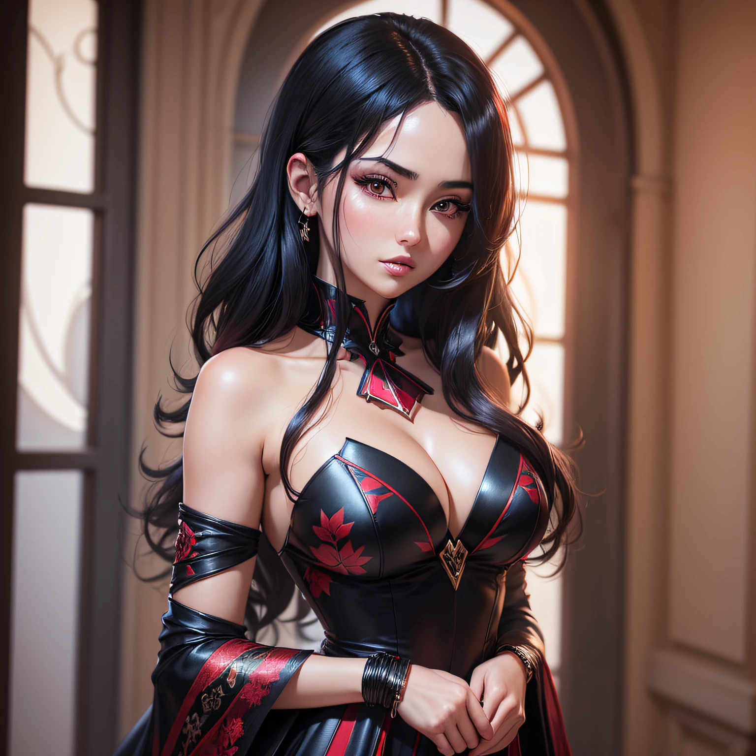 (ultra-realistic anime photography, full-body portrait, stunning 25-year-old woman elegantly styled with black hair, adorned in a breathtaking crimson blue dress, highly detailed features) --auto --s2