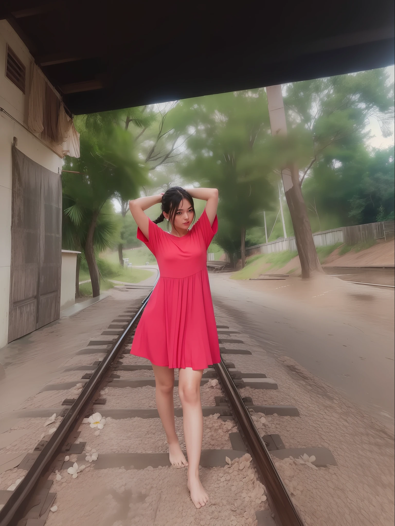 1girl, barefoot, bed, on railway, curtain grab, curtains, covered navel, covered, black hair, sheet grab, standing, smile, solo, tail, lily_\(flower\), looking a viewer, (flat chest:1.2), solo, sexy pose, beautiful and delicate detailed girl, illustration, unity 8k wallpaper, masterpiece, best quality, ultra detailed beautiful legs, ultra detailed beautiful hands, ultra detailed beautiful face