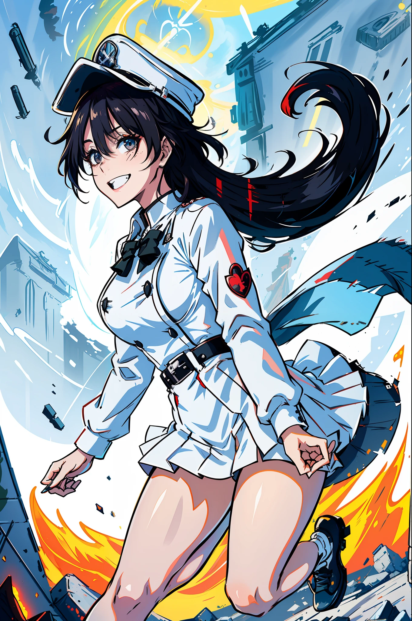 Masterpiece, top quality, ruined city in the background, ruined Edo cityscape, white Nazi SS Militari, 4K manga wallpaper, BLEACH, Exterminator, Shalltear Bloodfallen, badass anime 8 K, gapmoe yandere, yandere, albedo of anime overlord, creepy smile, crazy laugh, fished up laughter at the corners of the mouth, long black hair, white miniskirt, white long-sleeved military uniform, Holding nothing in hand, white pleated skirt, belt, heart buckle, heart-shaped buckle, light effect, countless photospheres, countless floating glowing balls, soul world, Bambietta Bustervine