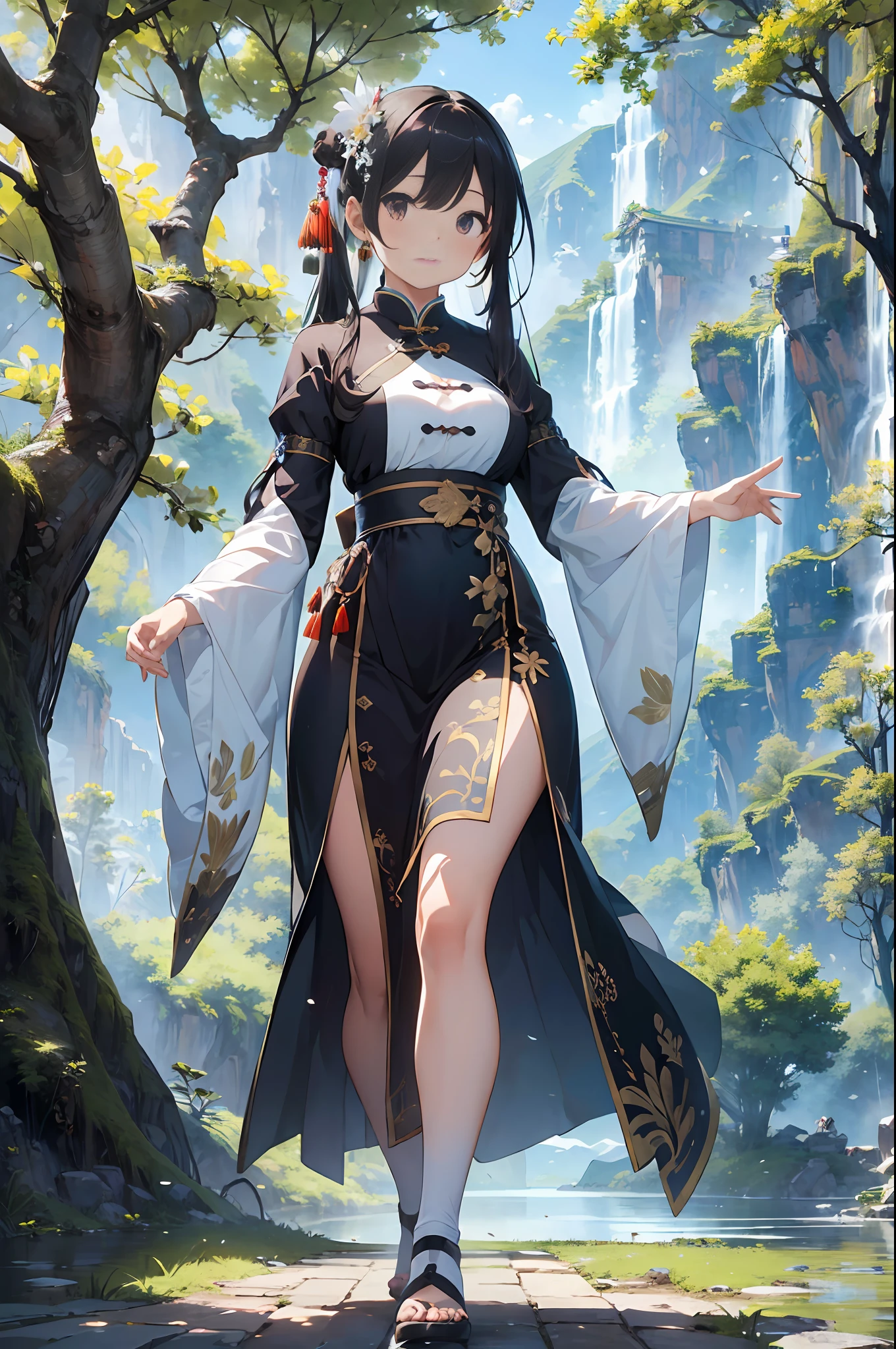 full body, hair ornaments, serene expression, exquisite facial features, perfect anatomy, Chinese buildings, mountains, white clouds, Nature, trees, clear blue transparent sky, outdoor, leaves, river, (forest), ((chinese style)), (best_quality:1.3), (((extremely clear))), (ultra_detailed:1.3), (detailed light), (masterpiece), (bloom), 8k