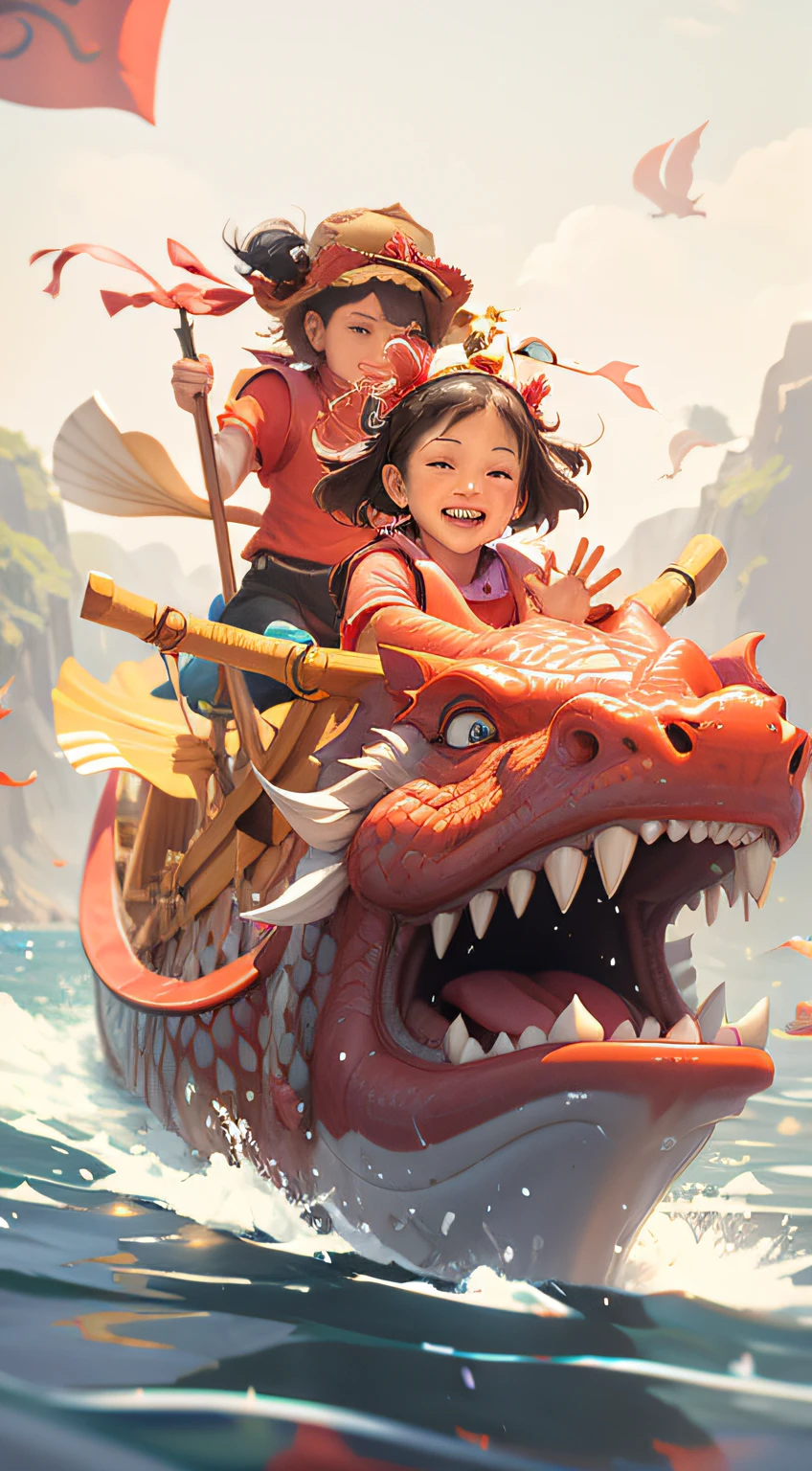 Two people in a dragon boat in the water