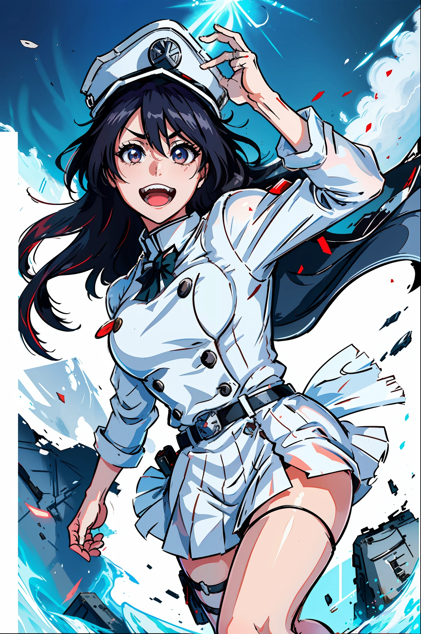 Masterpiece, top quality, ruined city in the background, ruined Edo cityscape, white Nazi SS Militari, 4K manga wallpaper, BLEACH, Exterminator, Shalltear Bloodfallen, badass anime 8 K, gapmoe yandere, yandere, albedo of anime overlord, creepy smile, crazy laugh, fished up laughter at the corners of the mouth, long black hair, white miniskirt, white long-sleeved military uniform, Holding nothing in hand, white pleated skirt, belt, heart buckle, heart-shaped buckle, light effect, countless photospheres, countless floating glowing balls, soul world, Bambietta Bustervine
