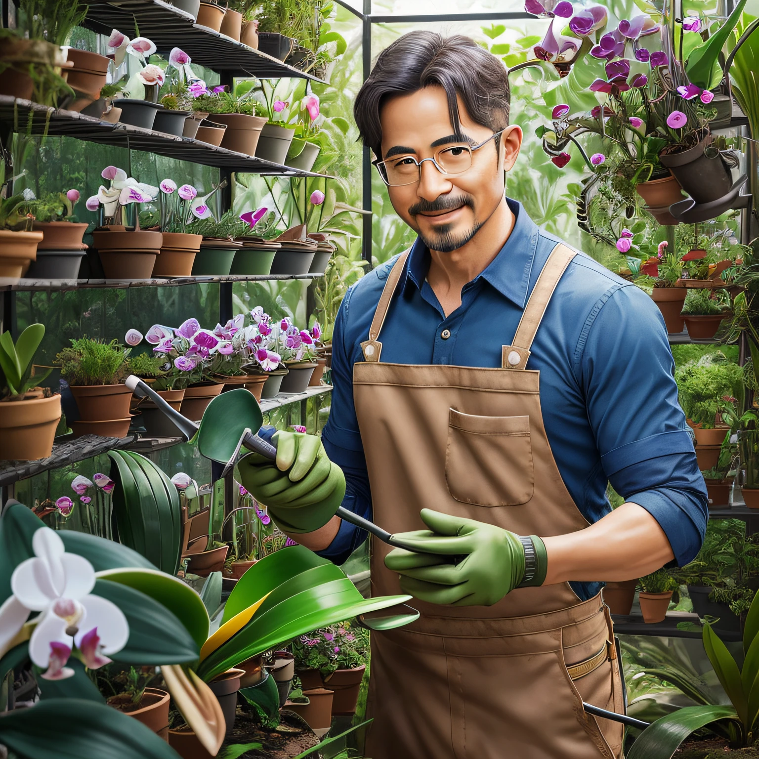 ((Realistic Photo)), ((Perfect Gardener Character)), ((Phalaenopsis Orchid Planting Greenhouse)): A happy Taiwanese gardener. Behind him are various Phalaenopsis orchids. Has a surreal level of detail. --auto --s2