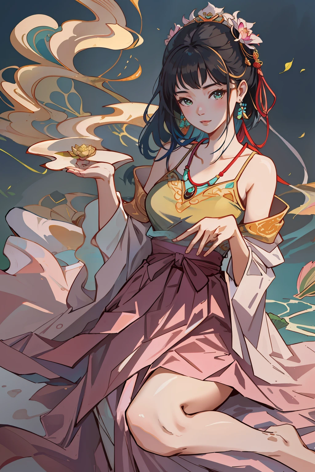 An ancient Chinese beautiful girl sitting on a big lotus leaf, turquoise skirt, sunlight, clear face, beautiful hands, masterpiece, super detailed, epic composition, high quality, highest quality, 4k --v 6