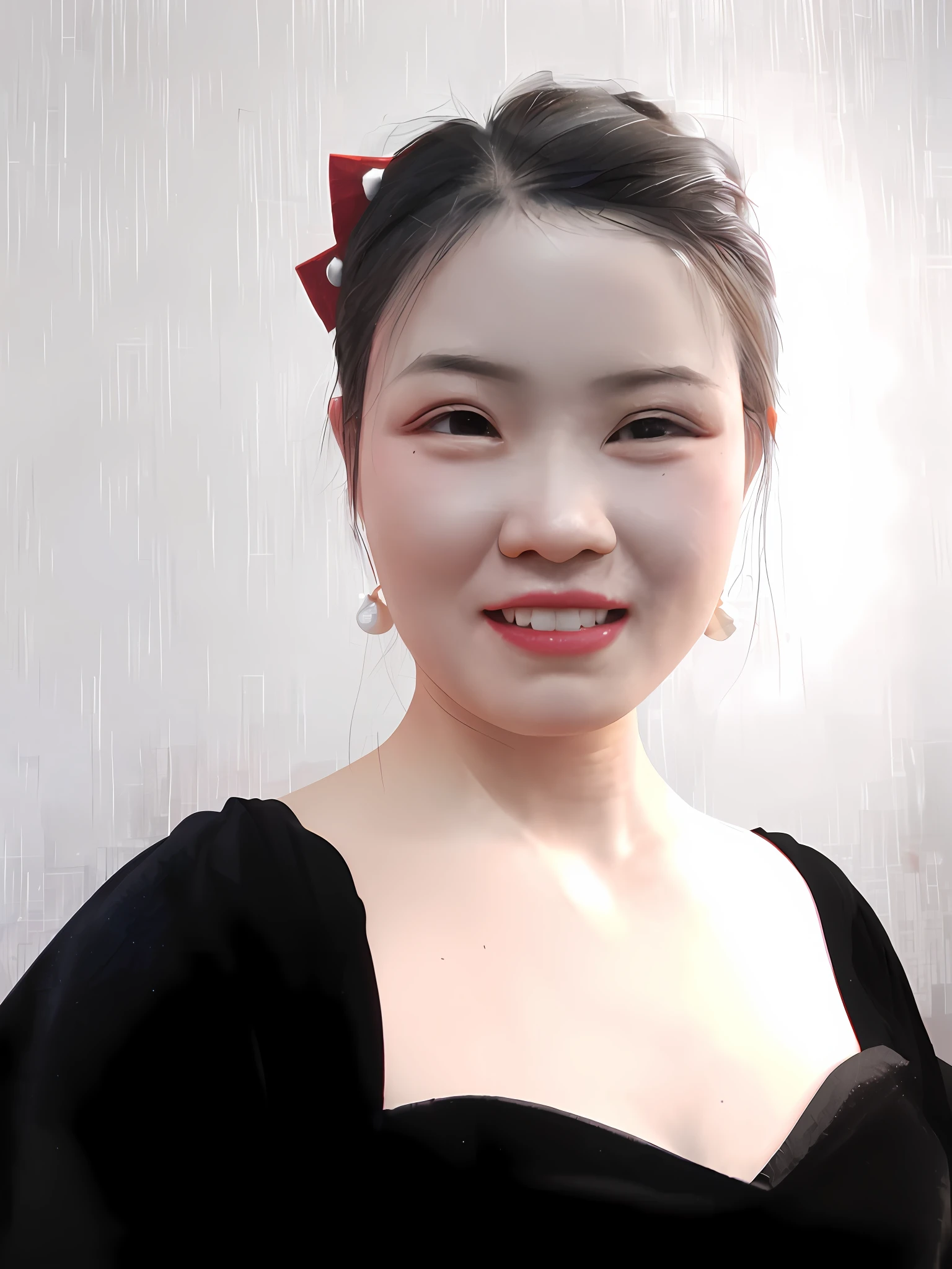 女孩,黑色晚礼服,红色发卡,black hair, grin, Cubism, Pixar, chiaroscuro, stereogram, close-up, UHD, anatomically correct, textured skin, high details, 1080P
