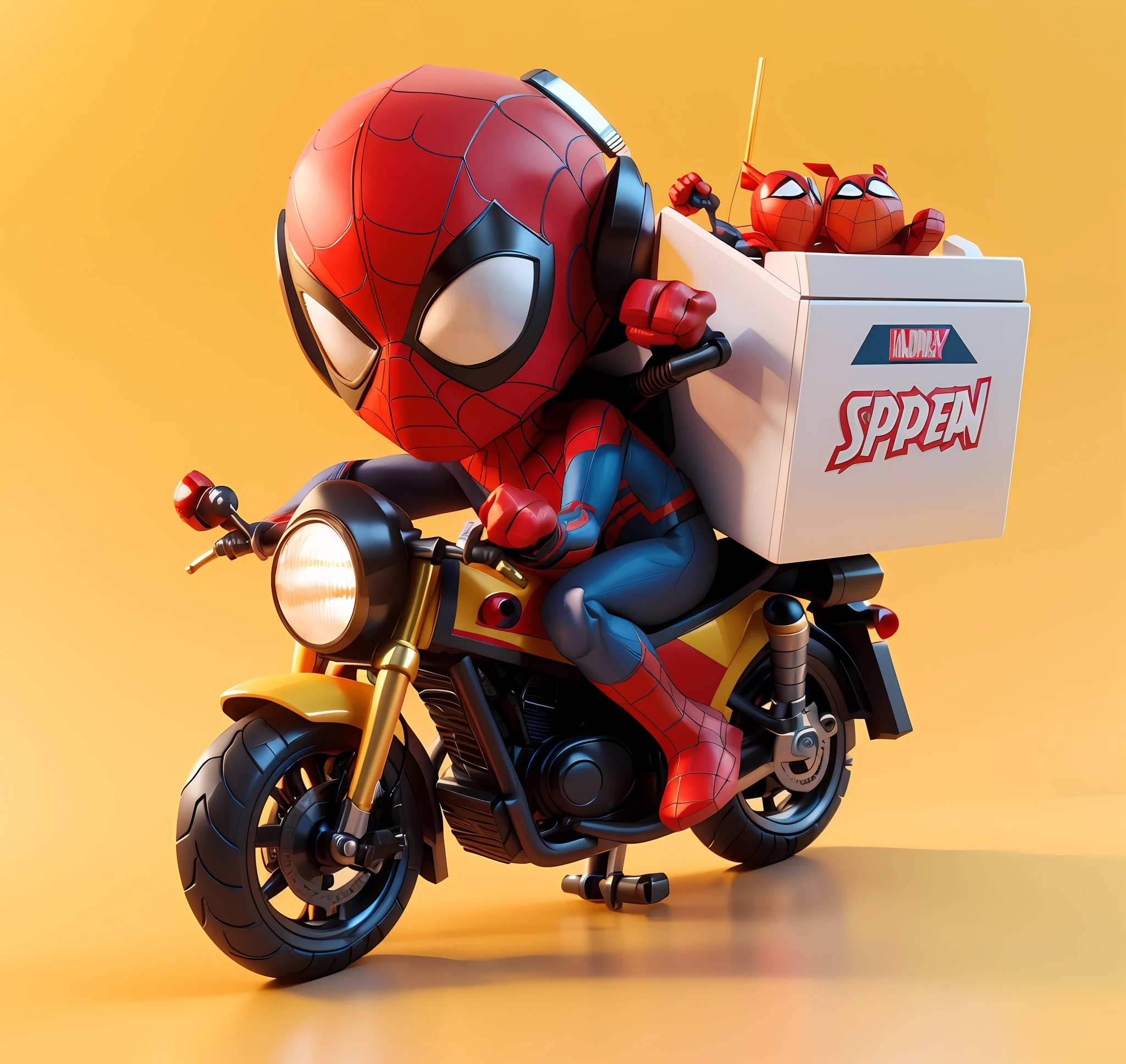Close-up of toy motorcycle with Spider-Man, cartoon rendering keyboard, high detail iconic characters, promotional rendering, hired 3d artist, high quality rendering, vinyl toy figurines, cute 3d rendering, futuristic style spider-man, super detail rendering, 3d rendering stylized, small characters. Unreal Engine 5, 3D cartoon