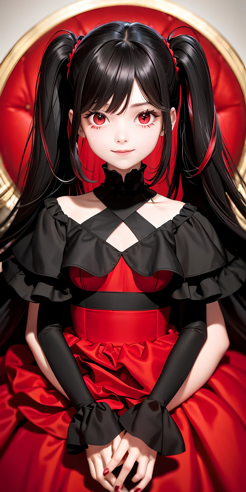 Top quality, masterpiece, black hair, with red highlights, red eyes, black ruffled dress, look up, upper body, hair strands, smile, cute, one, girl,