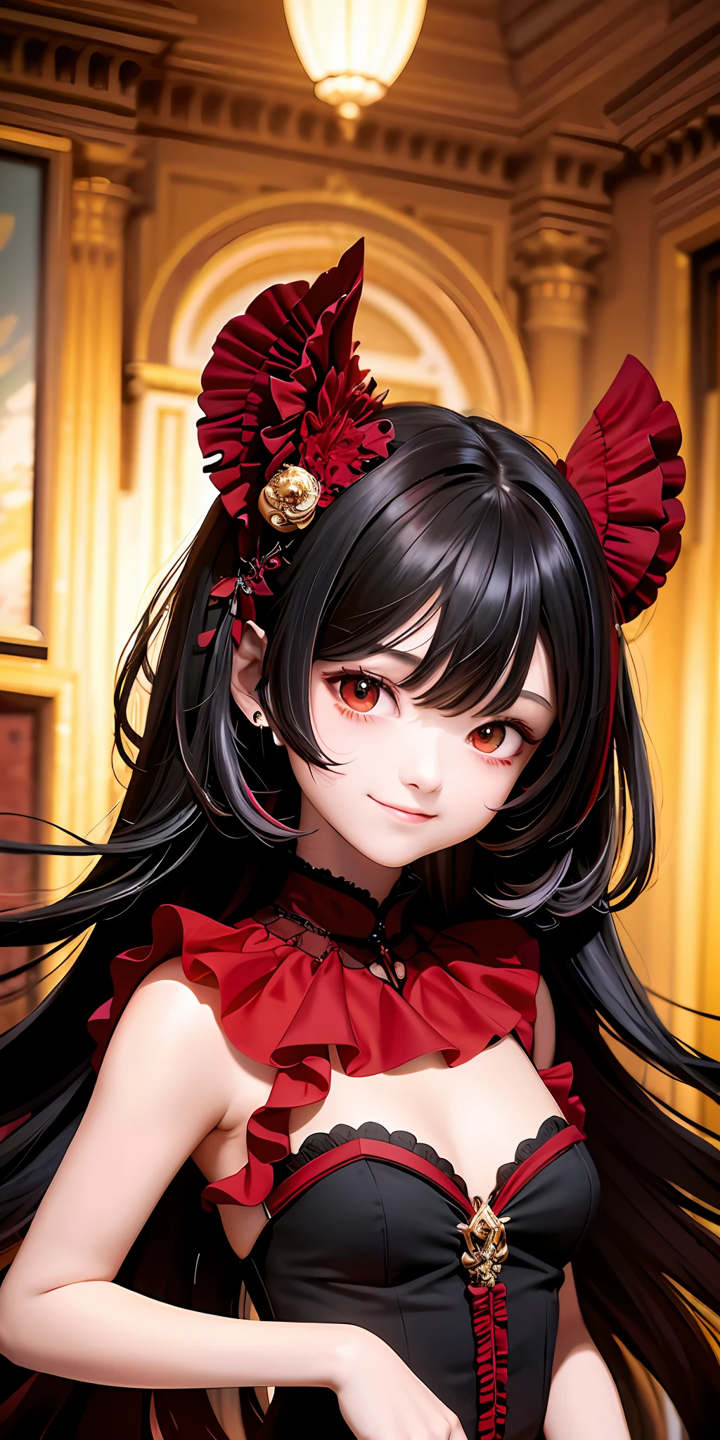 Top quality, masterpiece, black hair, with red highlights, red eyes, black ruffled dress, look up, upper body, hair strands, smile, cute, one, girl,