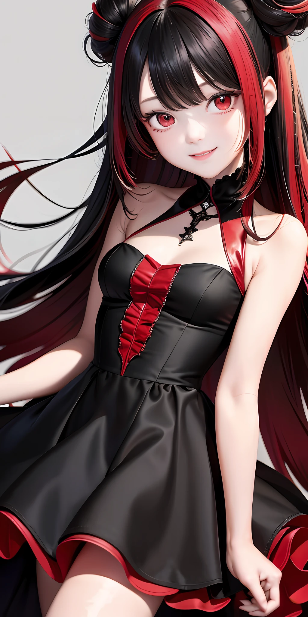 Top quality, masterpiece, black hair, with red highlights, red eyes, black ruffled dress, look up, upper body, hair strands, smile, cute, one, girl,