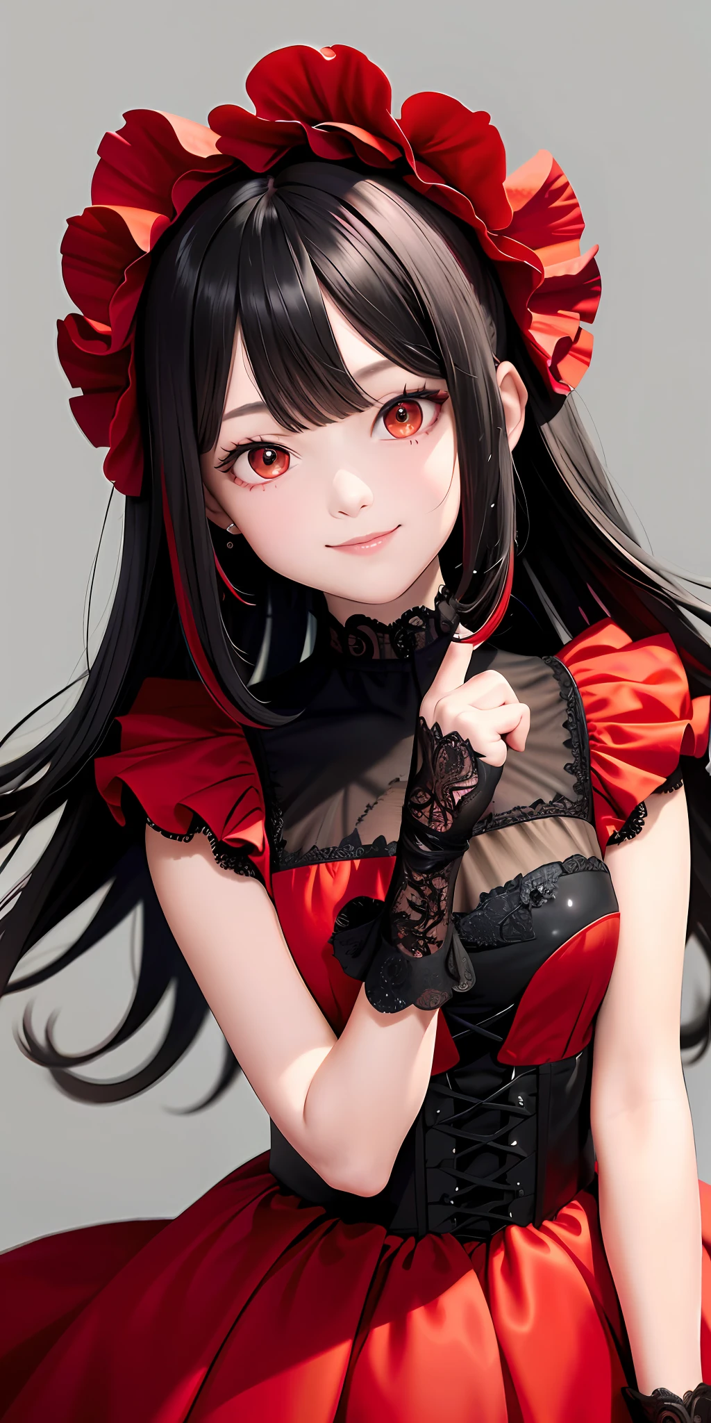 Top quality, masterpiece, black hair, with red highlights, red eyes, black ruffled dress, look up, upper body, hair strands, smile, cute, one, girl,