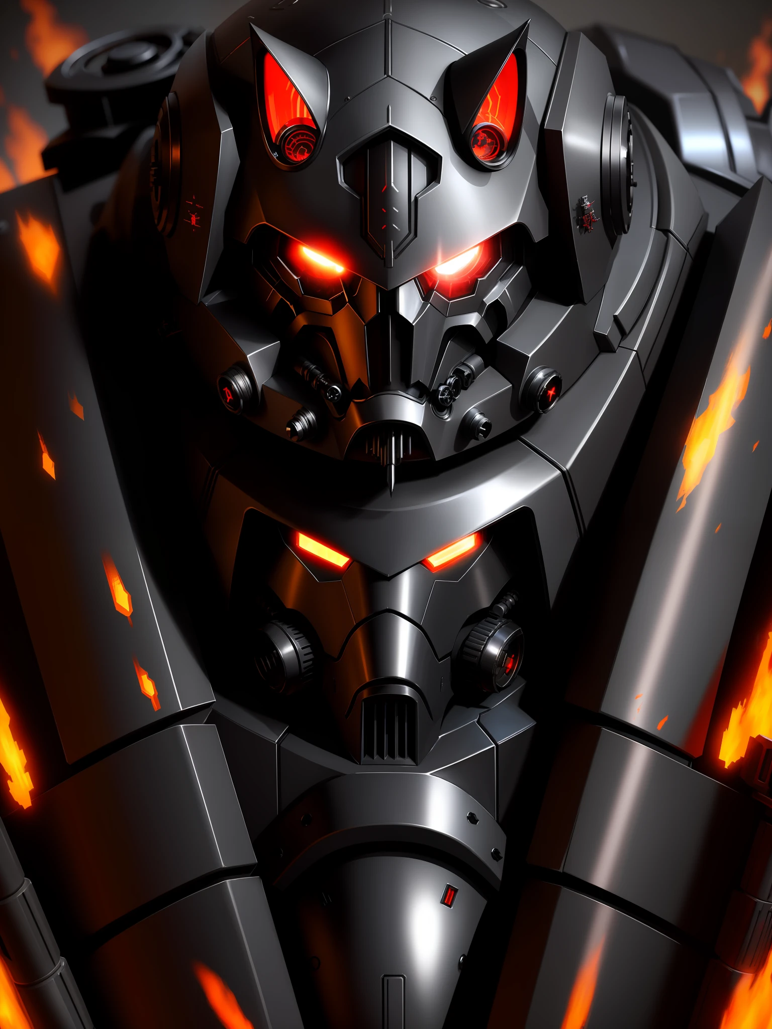 Cat in power hoodie armor adeptus mechanicus, eyepieces, finely detailed armor, looking away, encrusted with skulls, black and red, Star Wars 40k, dark tones, fire burning death star in the background, sparks, cinematic lighting, intricate hyper realistic designs