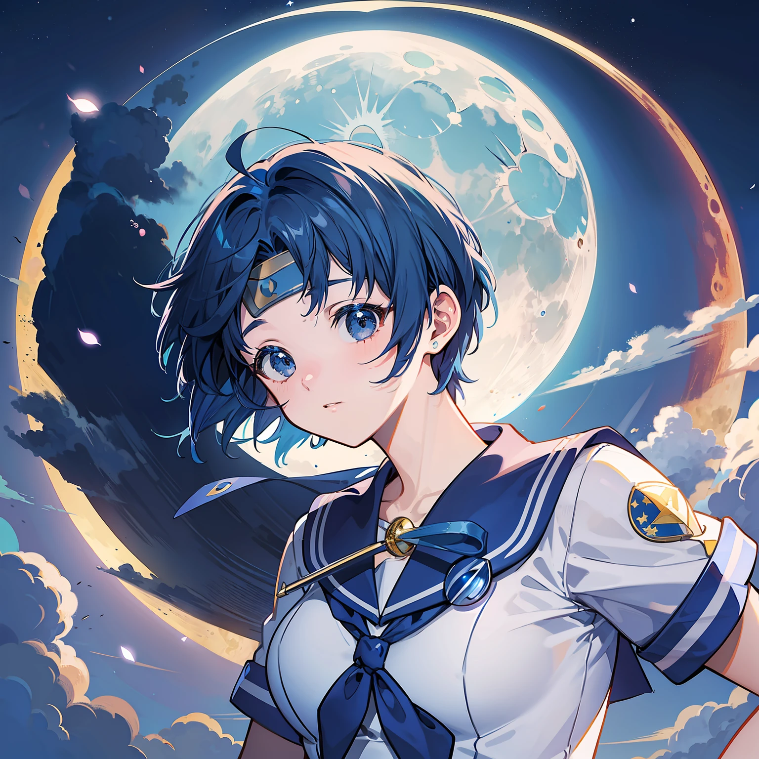 (Masterpiece), (Best Quality), Realism, Cinematic Light, Ami Mizuno, Sailor Mercury, Stand , Battlefield Background, Perfect Figure, Blue Hair, Uniform, ((MOON))