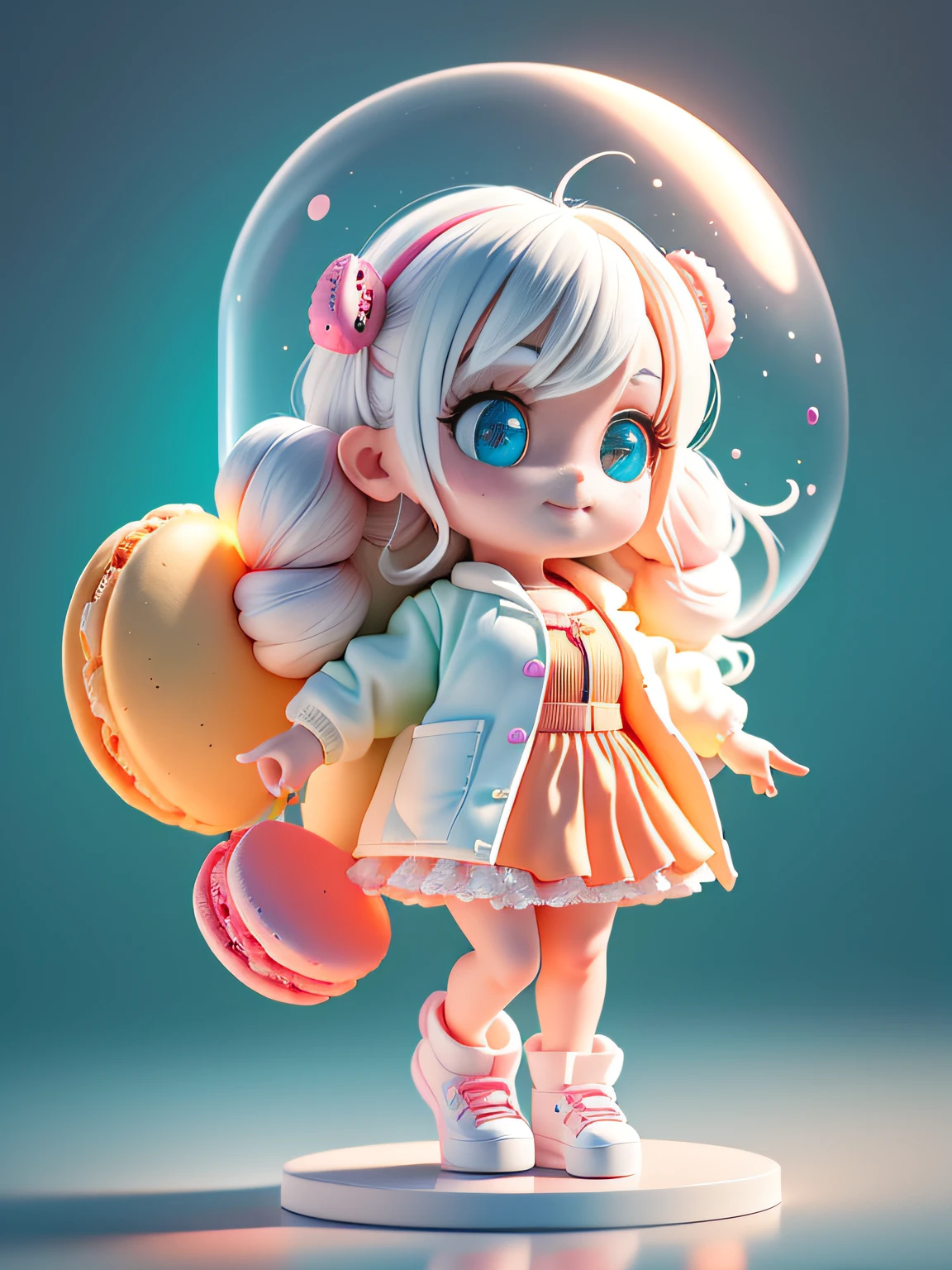 Official Art, Unified 8k Wallpaper, Super Detailed, Beautiful and Aesthetic, Masterpiece, Best Quality, Oversized Wallpaper, Detailed Plastic Material, ((Same Character, Front, Side,)) Best Quality, (Very Detailed Model), (Best Quality), Octane Rendering, Ray Tracing, Very Detailed, 3D Toys, Exaggerated Giant Long Hair, Cute Candy Girl, Full Body 3D Drawing, 1 pc, Good Looking, Big Eyes, Cute, Happy, C4D, Pop Matt Blind Box, Macaron Tones, Glowing Bubbles, Toys, Solid Color Background, Chibi, Fluorescent Translucency, Emitter, Kawaii, Doll, (((Scientist, White Lab Coat))), Reference Sheet, Pop Mart Blind Box, Pixar, Intricate Detail, Close-up, 3D, Ultra Detail, Generate Front View, Side View, Half Side View Three View, No Border, C4D, Octane Rendering, Blender, HD, Full Body, (Macarons, Candy, Toys, Colorful Background, Super Detailed Background)