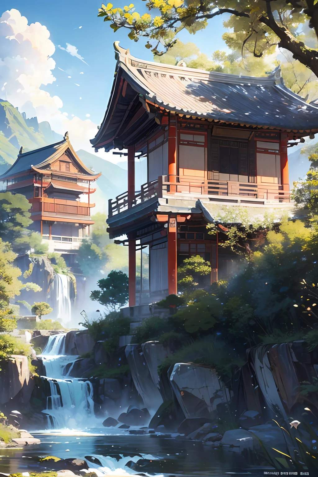 full body, hair ornaments, serene expression, exquisite facial features, perfect anatomy, Chinese buildings, mountains, white clouds, Nature, trees, clear blue transparent sky, outdoor, leaves, river, (forest), ((chinese style)), (best_quality:1.3), (((extremely clear))), (ultra_detailed:1.3), (detailed light), (masterpiece), (bloom), 8k