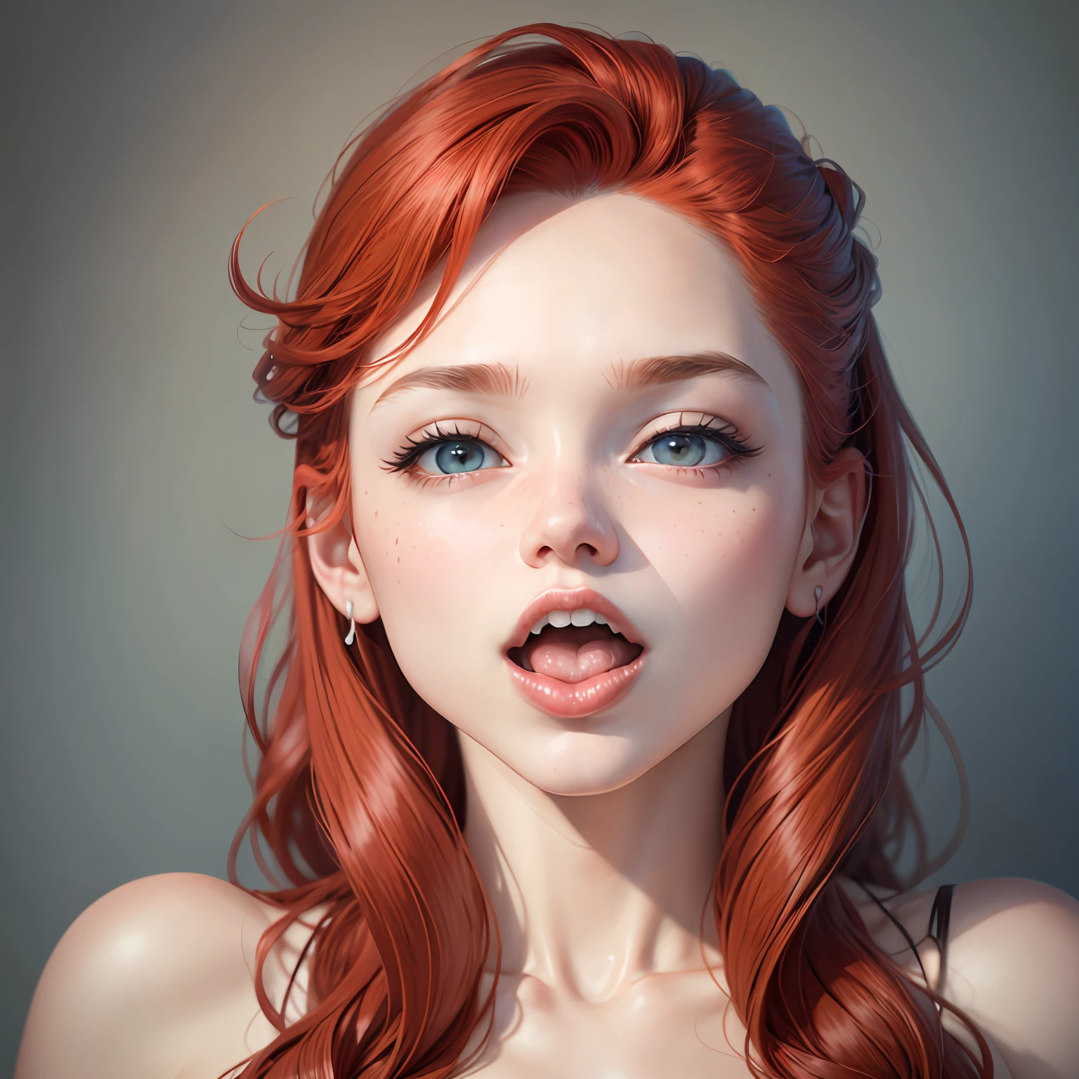 Masterpiece Photography, 8k Ultra Clear, Best Quality, High Quality, Realistic, Red Hair, Open Mouth, Sticking Out Tongue, Shyness, Blushing, (Saliva : 1.3), Lips, Enjoy,, Looking at the viewer, Center Composition, Portrait Photography, Center Composition,, (White Liquid: 1.4), Eye-catching, Enjoyment, Blushing, Milky Liquid, Eye-catching, Upper body, Big breasts, Nudity