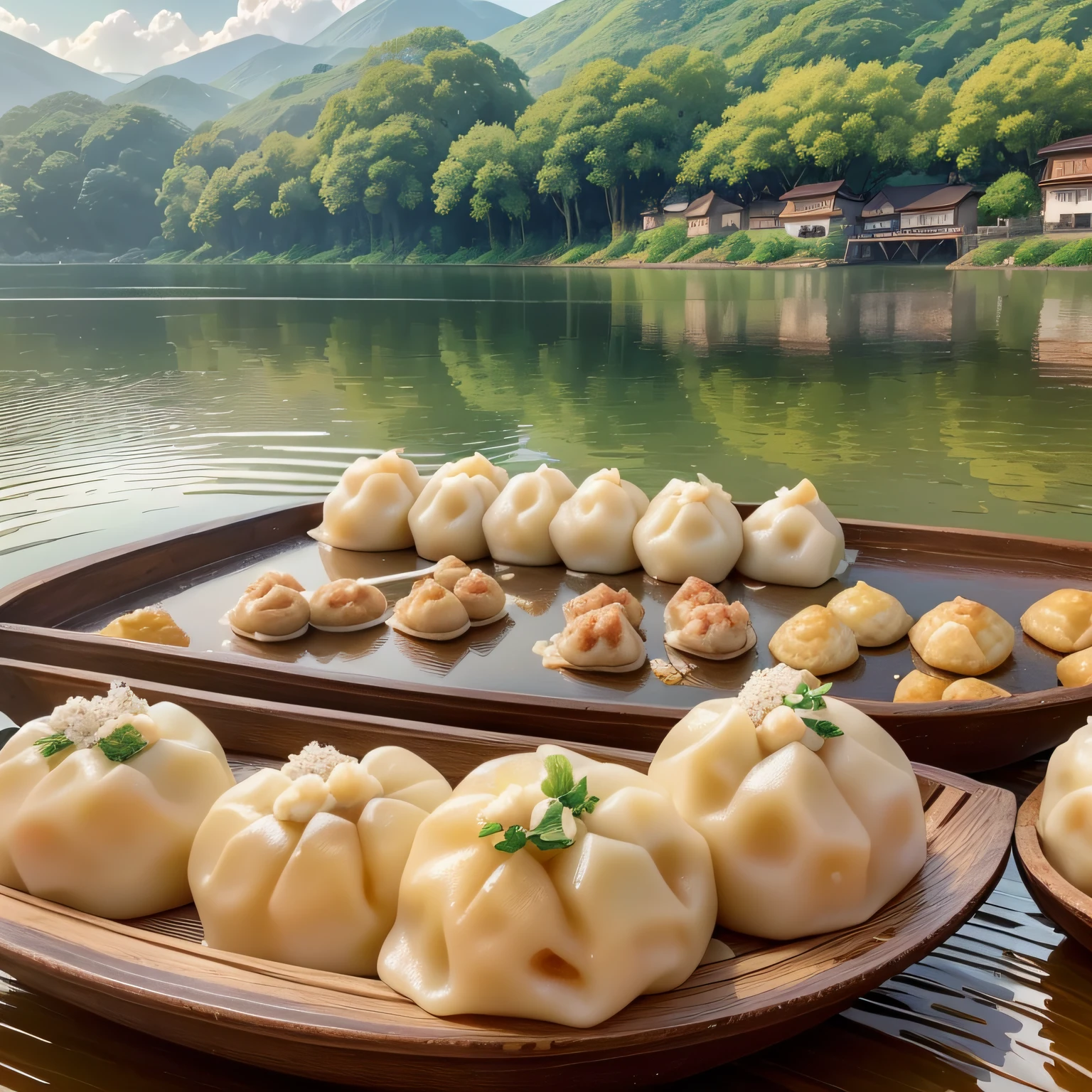 Dragon Boat Festival, landscape painting, (glutinous rice dumplings + meat dumplings: 1.4 + sweet rice dumplings), (ancient rhyme scenery + antique pastoral scenery), (shimmering light from the background + refreshing breath), (shining magnificence + warm joy + peaceful atmosphere) --auto --s2