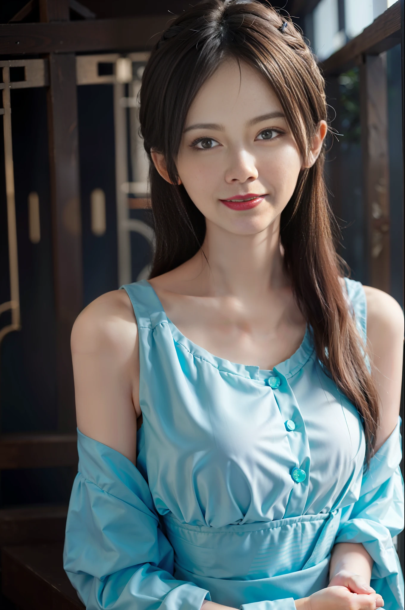 Masterpiece, best quality, 1girl, shoulders exposed, rich colors, high saturation, beautiful clothes, close-up, gentle smile, soft light, Chinese architecture