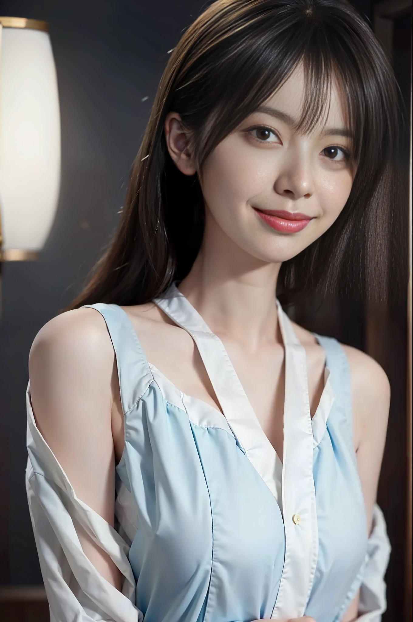 Masterpiece, best quality, 1girl, shoulders exposed, white shirt, close-up, gentle smile, soft light, Chinese architecture