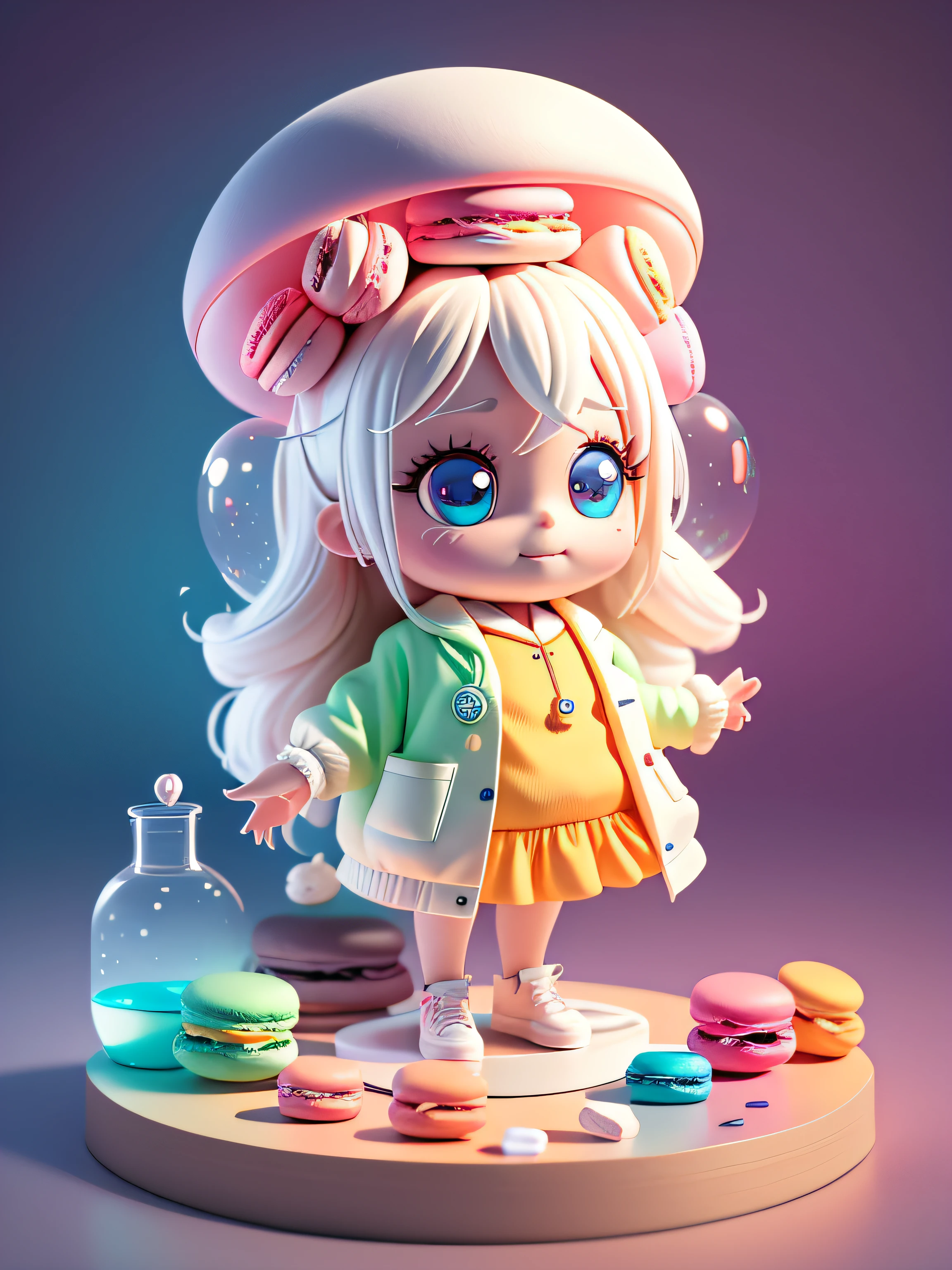 Official Art, Unified 8k Wallpaper, Super Detailed, Beautiful and Aesthetic, Masterpiece, Best Quality, Oversized Wallpaper, Detailed Plastic Material, ((Same Character, Front, Side,)) Best Quality, (Very Detailed Model), (Best Quality), Octane Rendering, Ray Tracing, Very Detailed, 3D Toys, Exaggerated Giant Long Hair, Cute Candy Girl, Full Body 3D Drawing, 1 pc, Good Looking, Big Eyes, Cute, Happy, C4D, Pop Matt Blind Box, Macaron Tones, Glowing Bubbles, Toys, Solid Color Background, Chibi, Fluorescent Transmission, Luminescence, Kawaii, Doll, (((Scientist, White Lab Coat))), Reference Sheet, Pop Mart Blind Box, Pixar, Intricate Detail, Close-up, 3D, Ultra Detail, Generate Front View, Side View, Half Side View Three View, No Border, C4D, Octane Rendering, Blender, HD, Full Body, (Macaron, Candy, Colorful Background, Super Detailed Background)