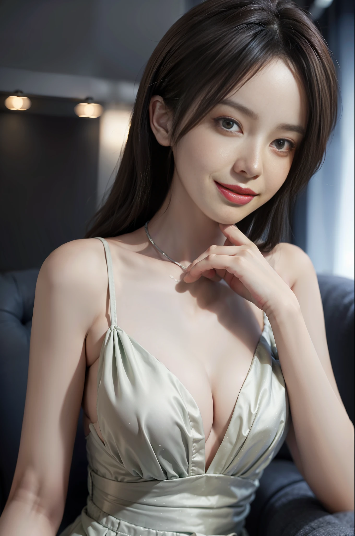 Masterpiece, best quality, 1girl, shoulders exposed, slip dress, close-up of upper body, gentle smile