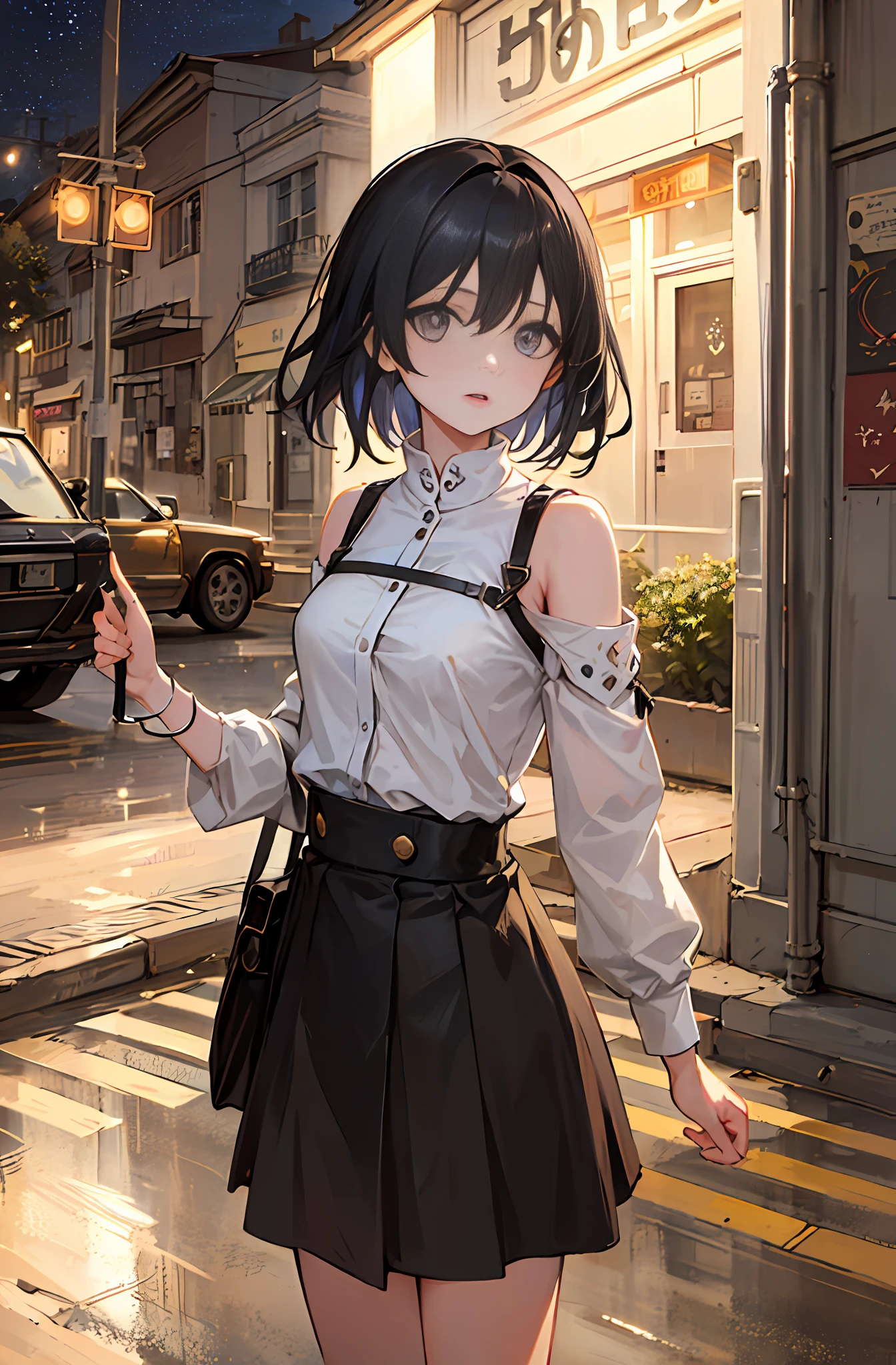 (halfbody shot,street,moon),Masterpiece, 1girl, solo exhibition, beautiful woman on the bustling street, surrounded by hawkers, beautiful goddess girl portrait, beautiful and detailed face, porcelain skin, (((bust shot, center, night, black hair, short hair)), super soft lighting, symmetry, complexity, elegance, high detail, realism, art, concept art,