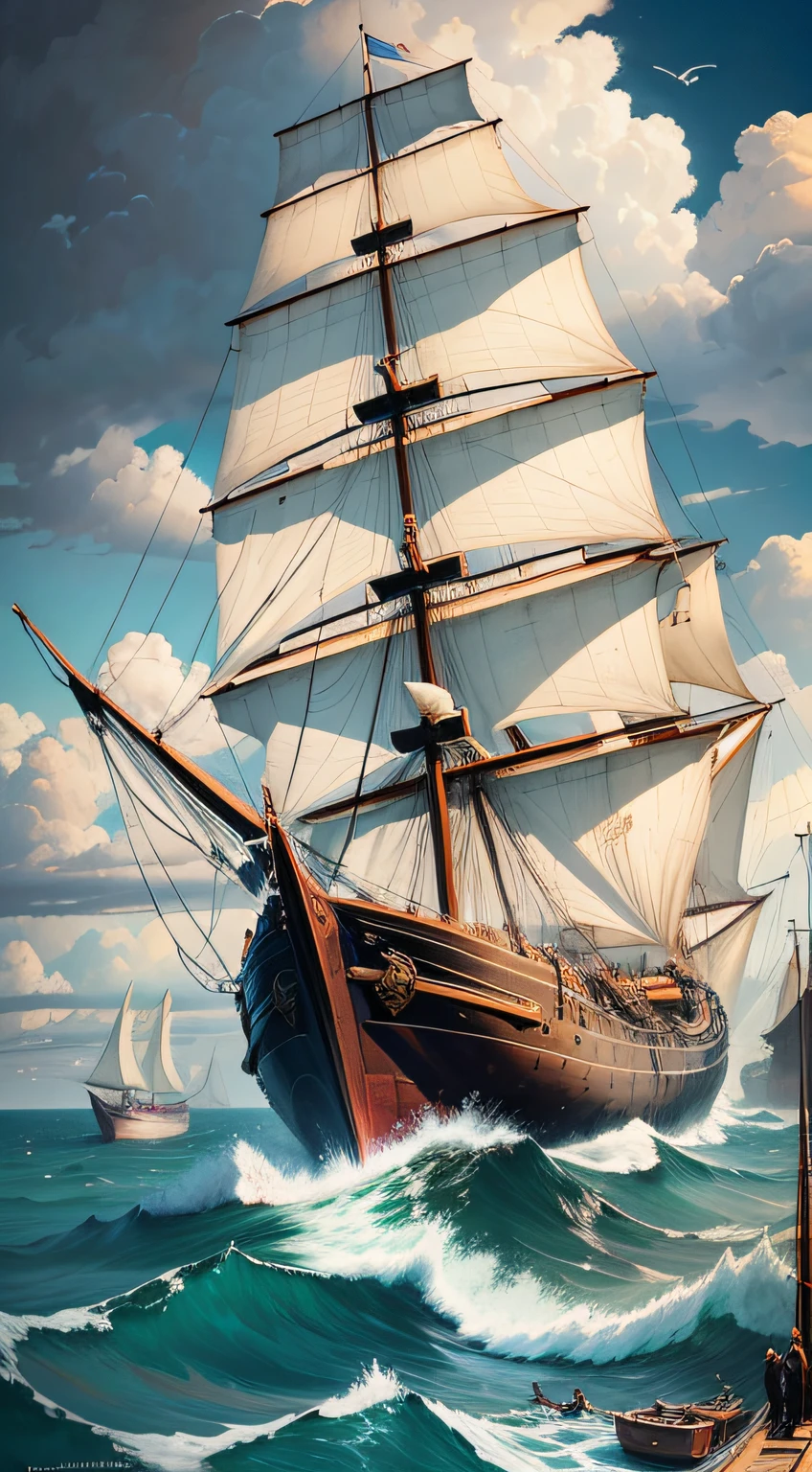 a fearless English explorer John White in a large antique sailing boat bidding farewell to his family, artist: John White, artistic movement: Realism