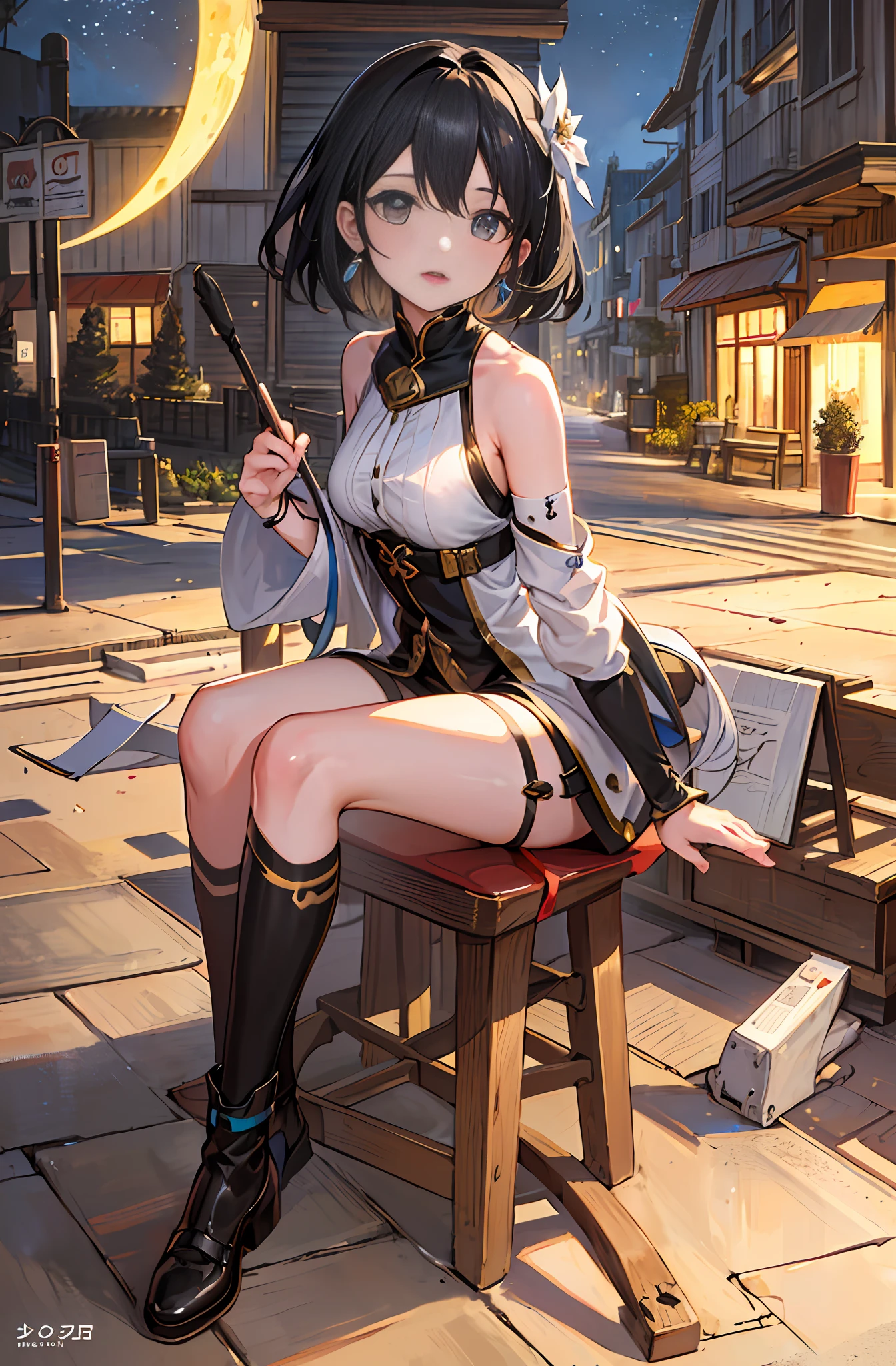 (halfbody shot,street,moon),Masterpiece, 1girl, solo exhibition, beautiful woman on the bustling street, surrounded by hawkers, beautiful goddess girl portrait, beautiful and detailed face, porcelain skin, (((bust shot, center, night, black hair, short hair)), super soft lighting, symmetry, complexity, elegance, high detail, realism, art, concept art,