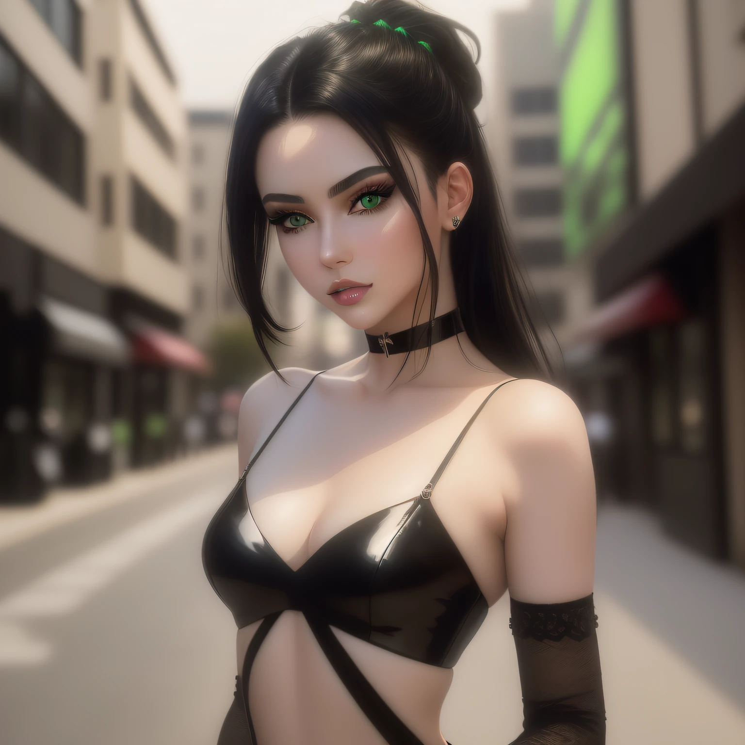 "(masterpiece, best quality, 8k, sharp focus, depth of field, best shadows, perfect lights, HDR, realistic skin texture, ultra-detailed, detailed background)", Anime style, 1 woman, (green eyes, white skin, black hair with tiwntails, choker, small breasts, slim, makeup, Eyeliner, gloss) in very lewd poses in a cyberpunk cityscape.