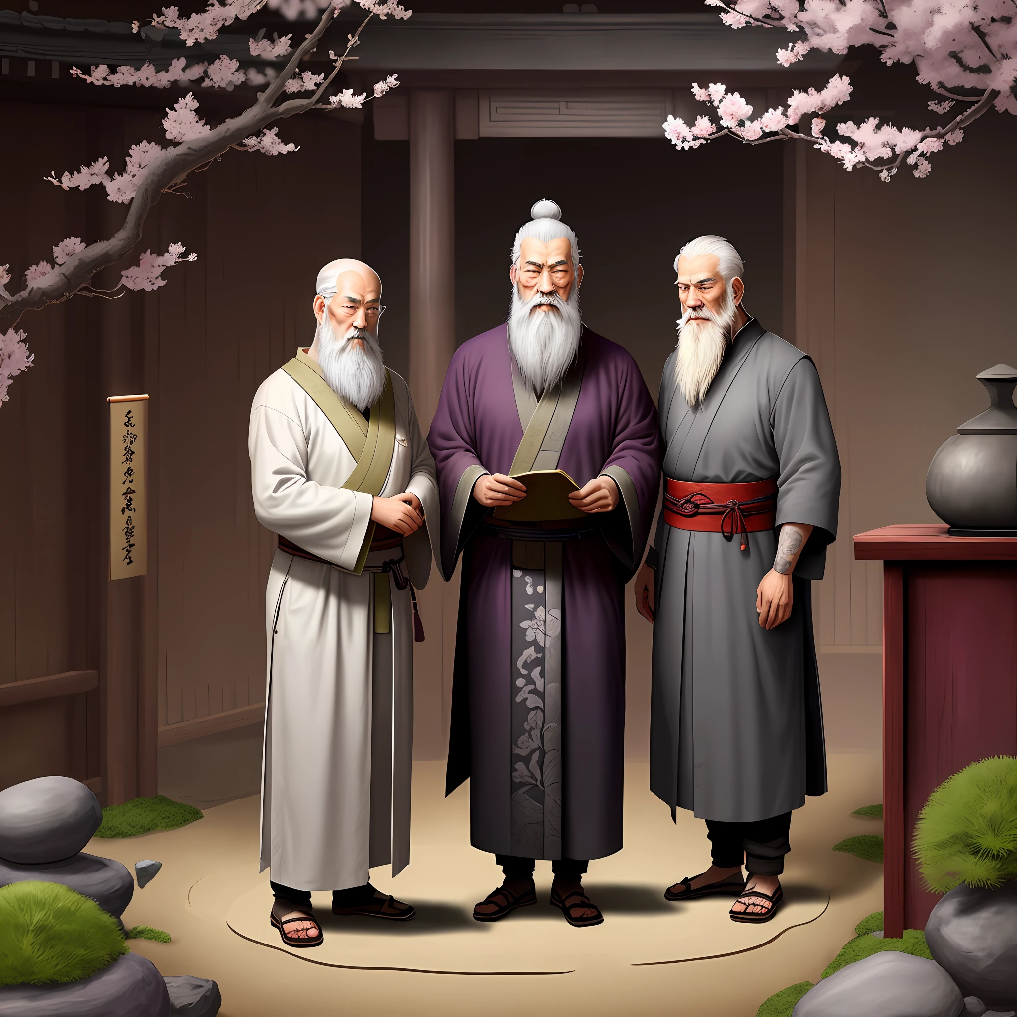 Handheld scrolls, ancient illustrations, ink drops, master illustrations, Chinese old bearded masters, long gray beards, robes, literary grandmasters, standing behind the podium to lecture, (Zen garden, plum blossoms, nature)