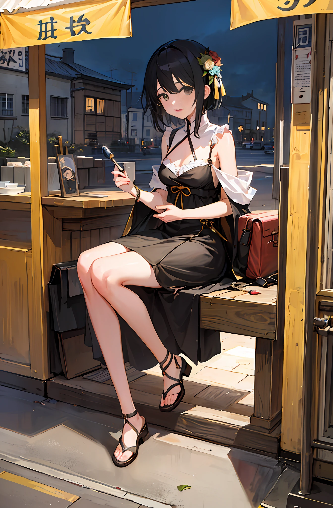 Masterpiece, 1girl, solo exhibition, beautiful woman on the bustling street of Gintama, surrounded by hawkers, beautiful goddess girl portrait, beautiful and detailed face, porcelain skin, (((bust shot, center, night, black hair, short hair)), super soft lighting, symmetry, complexity, elegance, high detail, realism, art, concept art,
