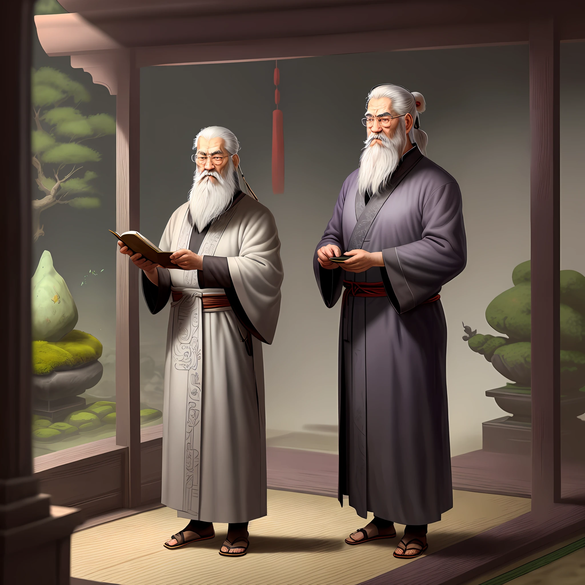 Handheld scrolls, ancient illustrations, ink drops, master illustrations, Chinese old bearded masters, long gray beards, robes, literary grandmasters, standing behind the podium to lecture, (Zen garden, plum blossoms, nature)