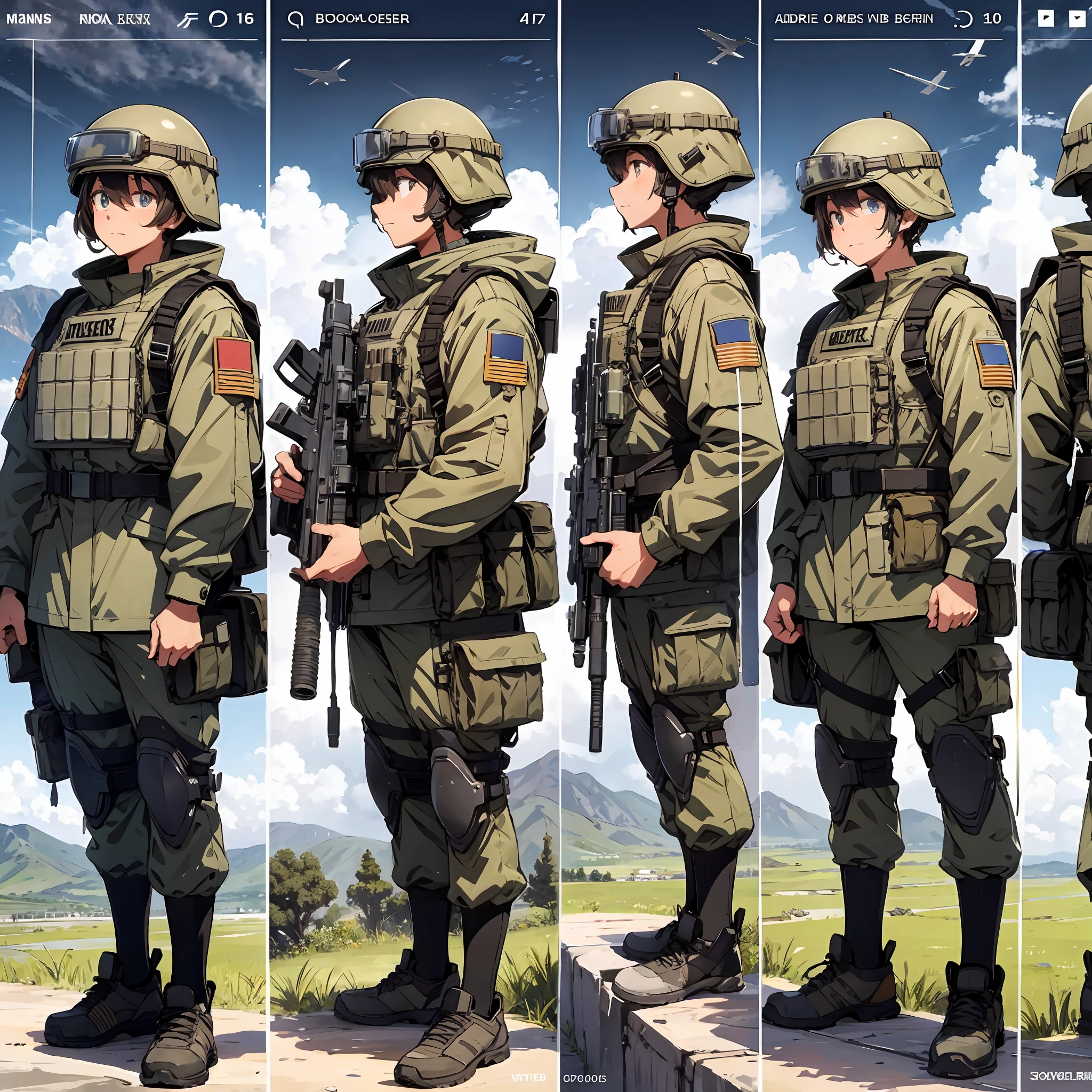 Many soldiers, looking directly ahead, scientific observation post background, screen, excited expressions