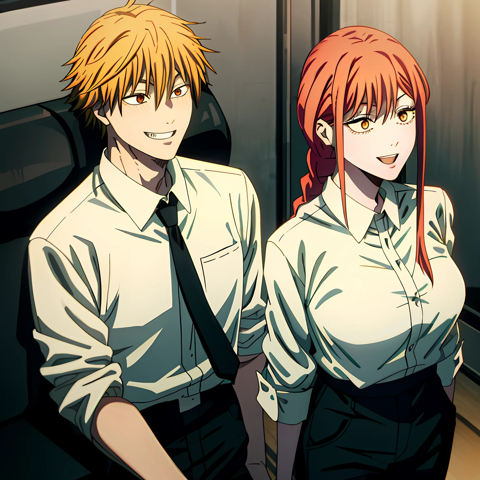 open mouth,(kiss),best quality, insanely detailed,1girl,1boy, sitting,in-flight and and (1boy:1.4) BLOND HAIR, denji \(chainsaw man\),and 1gir,makima \(chainsaw man\), best quality, ultra detailed, 1girl, , standing, red hair, long braided hair, golden eyes, bangs,, large boobs, stare, smile, (evil:1.2),, makima \(chainsaw man\),shirt, sidelocks, solo, uniform, white shirt, black necktie, black pants