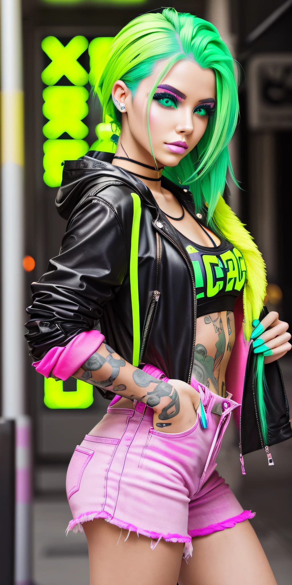 (neon yellow, neon green)Beautiful model girl with dyed colored hair. Girl with perfect makeup and hair. Model with healthy dyed hair is perfect. pink hairstyle