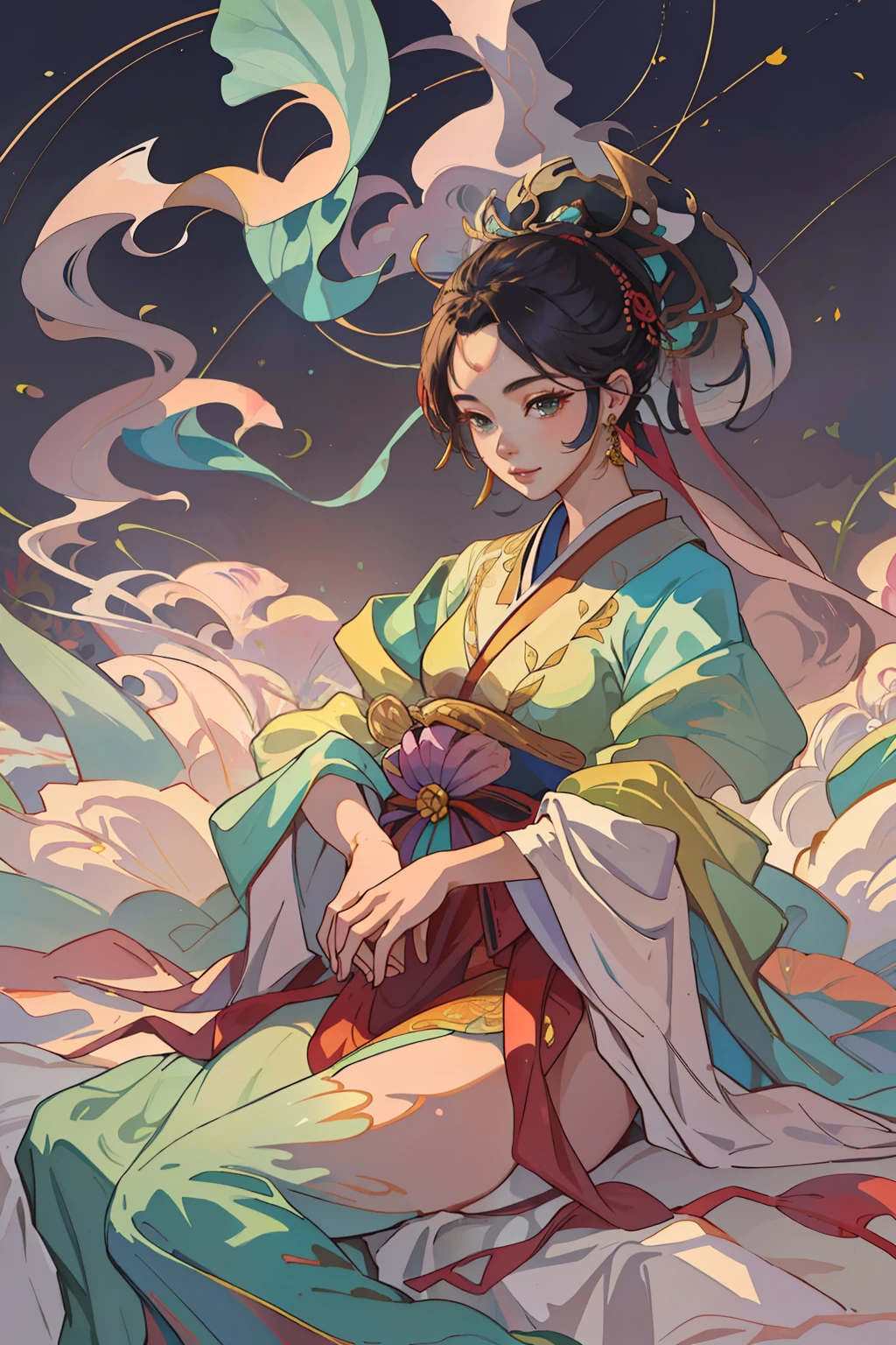 An ancient Chinese beautiful girl sitting on a big lotus leaf, turquoise skirt, sunlight, clear face, beautiful hands, masterpiece, super detailed, epic composition, high quality, highest quality, 4k --v 6