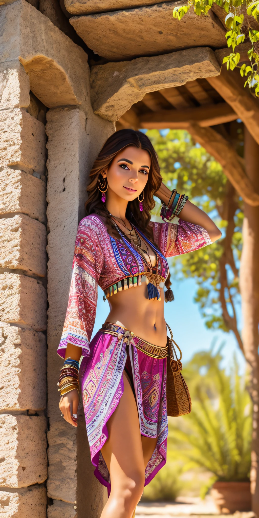 Beautiful model in boho style outfit in the sunshine. outdoor fashion