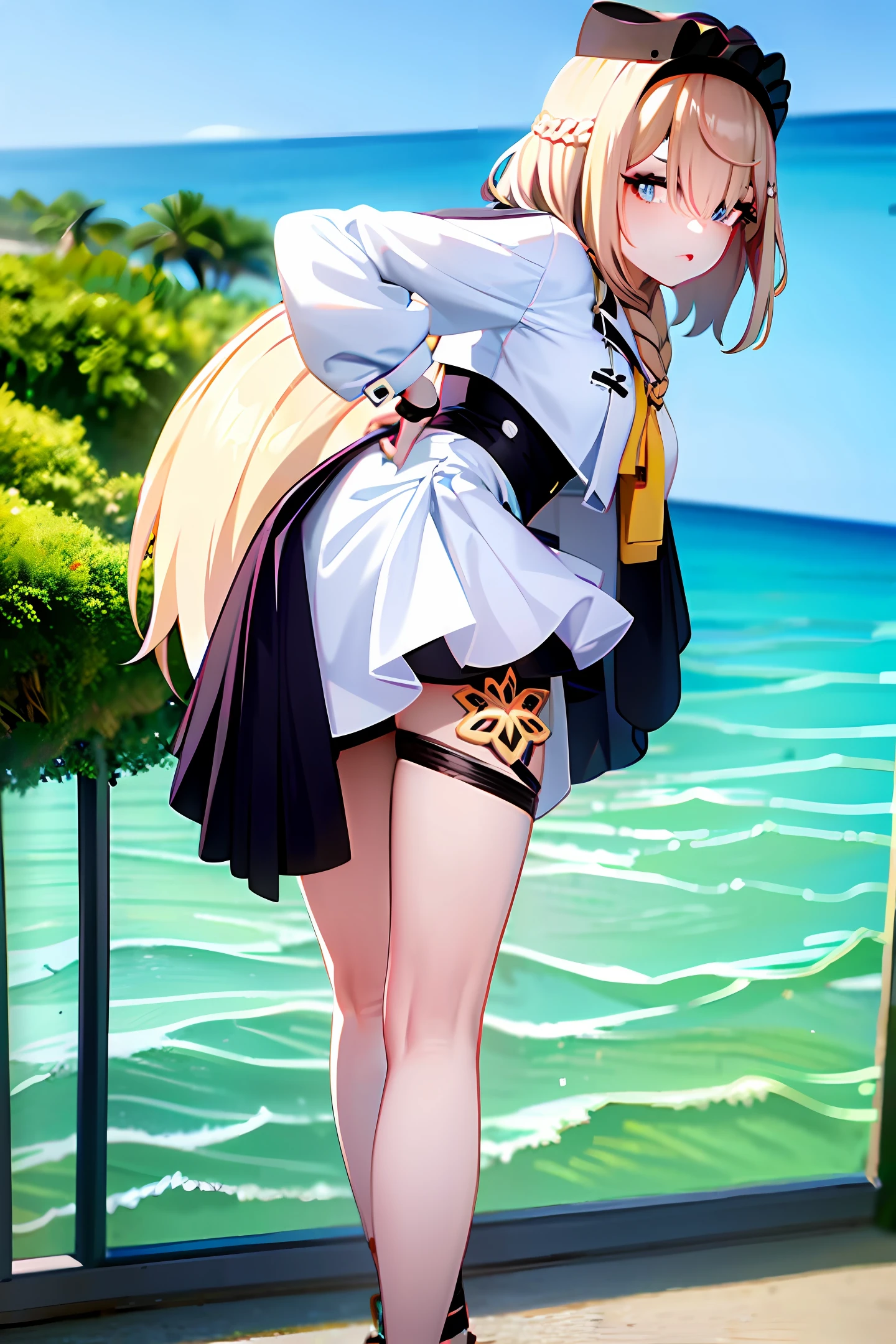 19 year old girl big blonde hair, white, black eyes, short skirt low waist sexy,white chopp, high sandal, anime, standing, in front of the beach